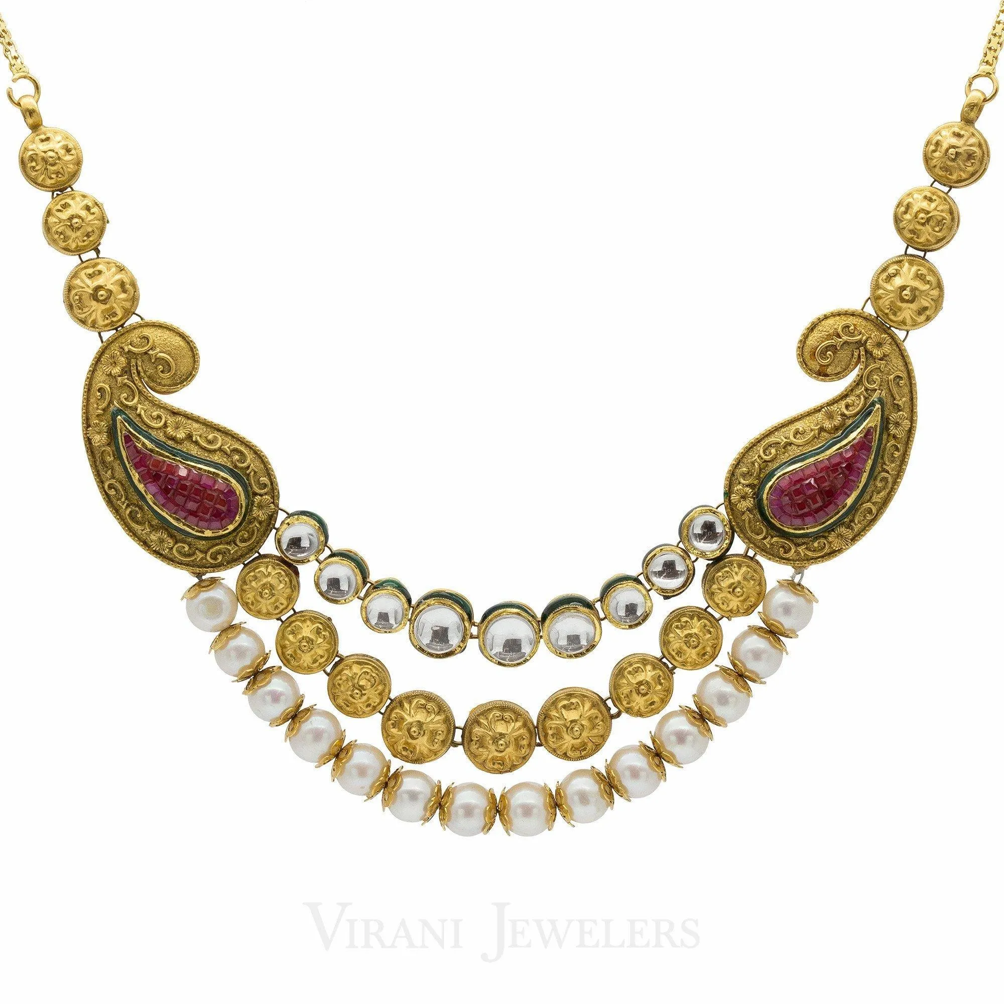 22K Gold Pearl Emerald Ruby Antique Necklace and Earrings Set