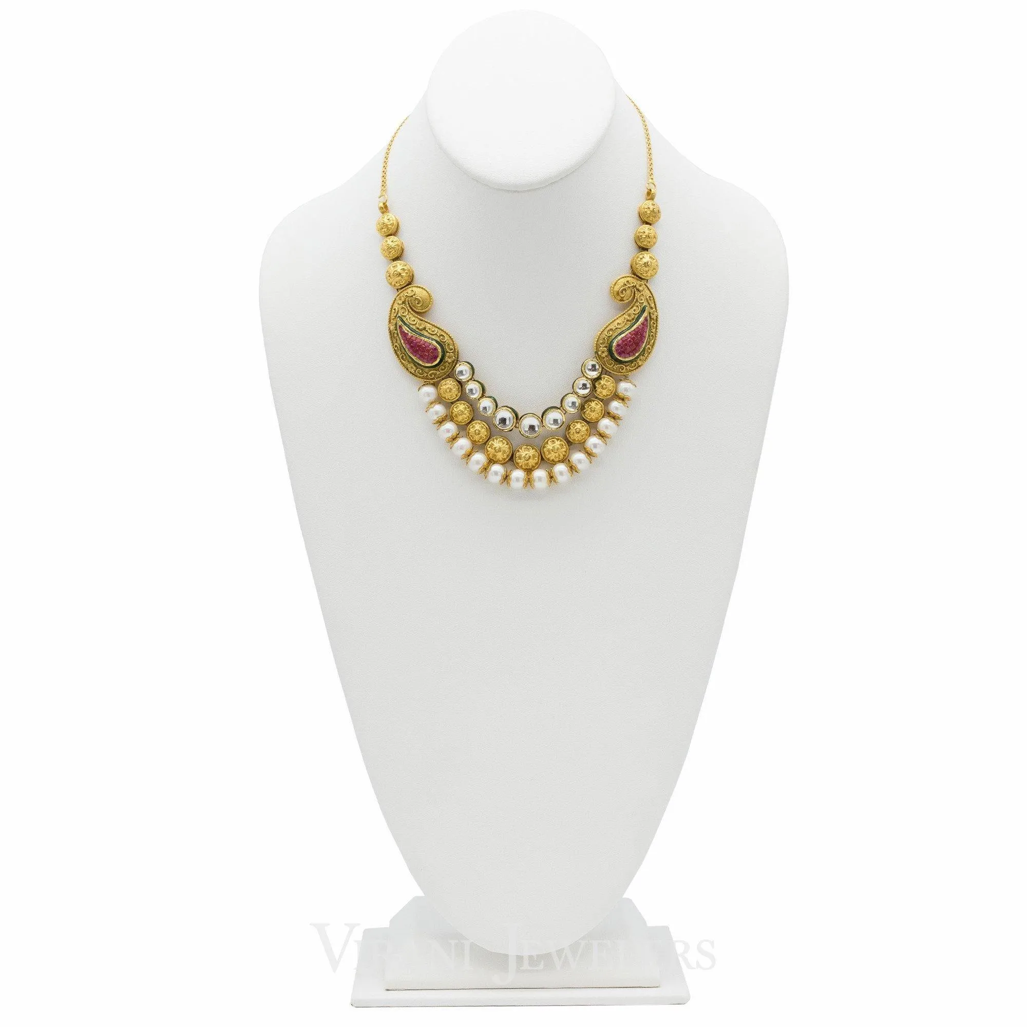 22K Gold Pearl Emerald Ruby Antique Necklace and Earrings Set