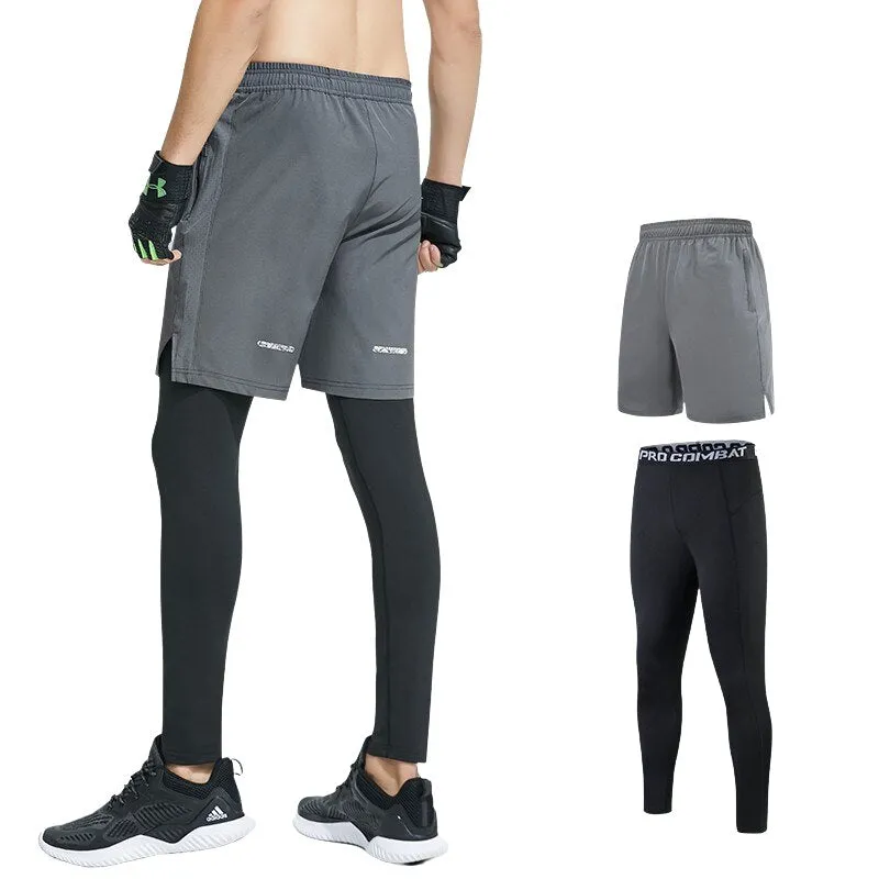 2pcs Set Men Running Compression Sweatpants Gym Jogging Leggings Basketball Football Shorts Fitness Clothes Tight Sport Pants v2