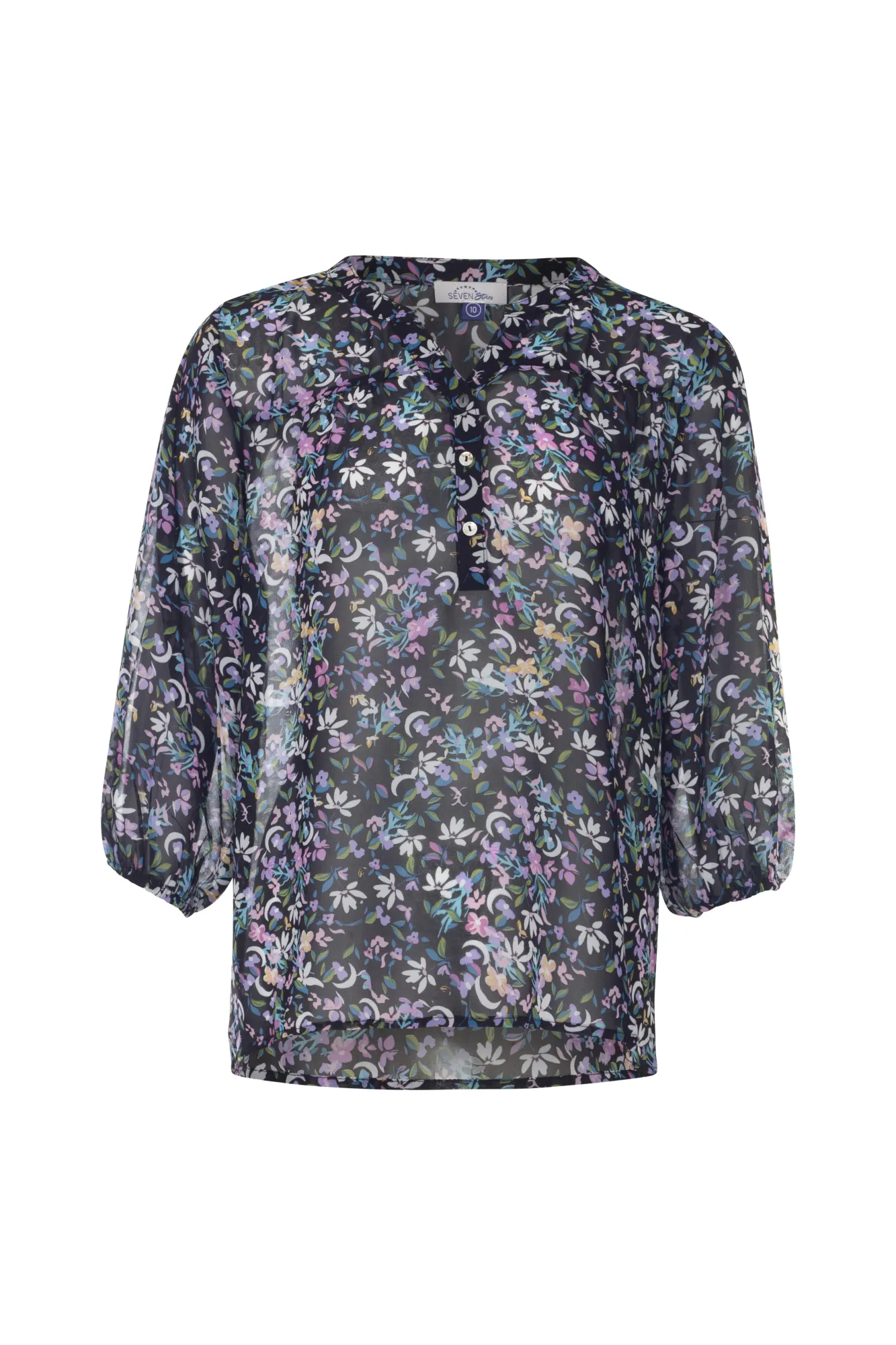 3/4 sleeve Printed Chiffon Top | Black Multi Leaf | 7124AR