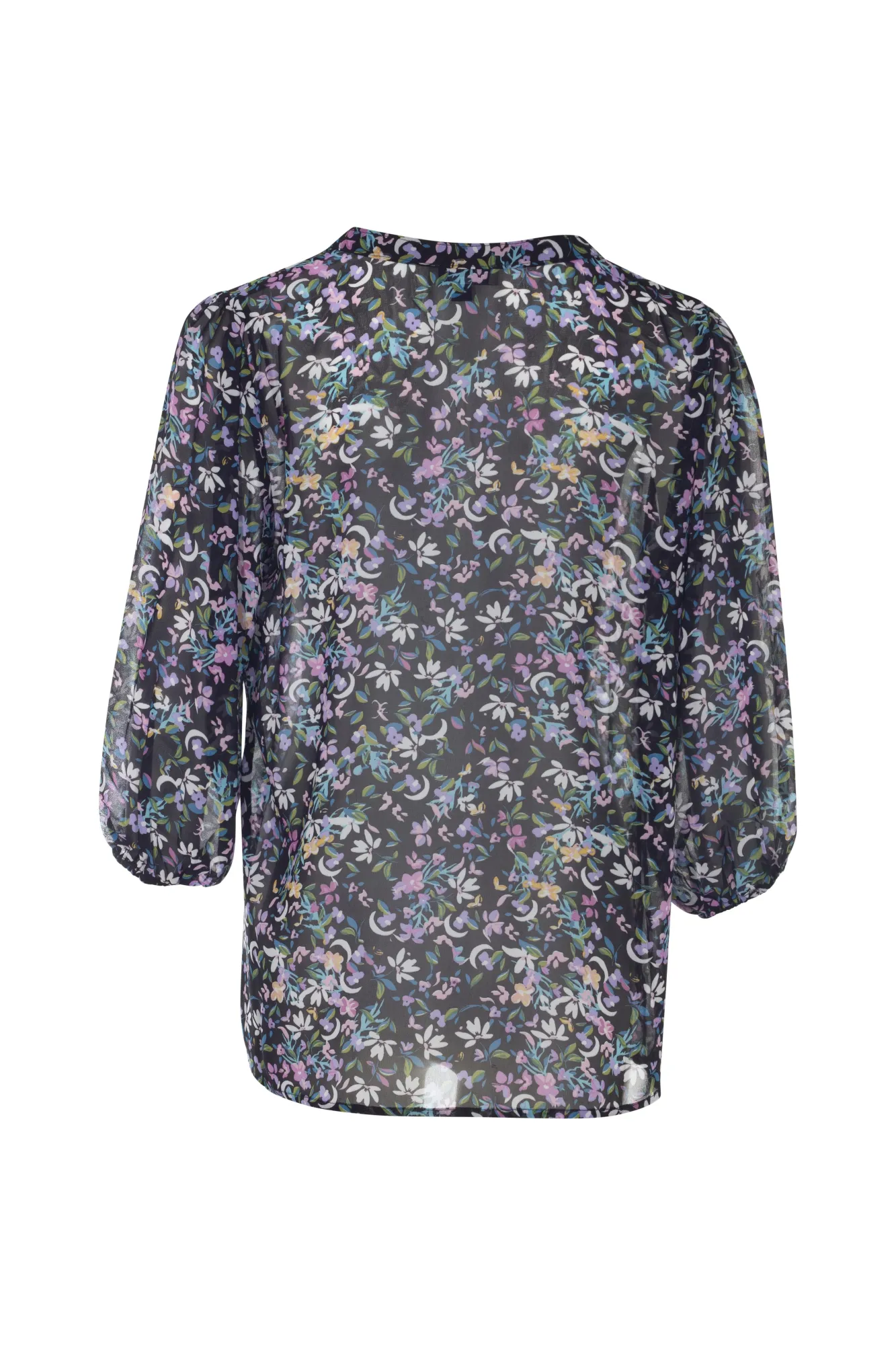 3/4 sleeve Printed Chiffon Top | Black Multi Leaf | 7124AR