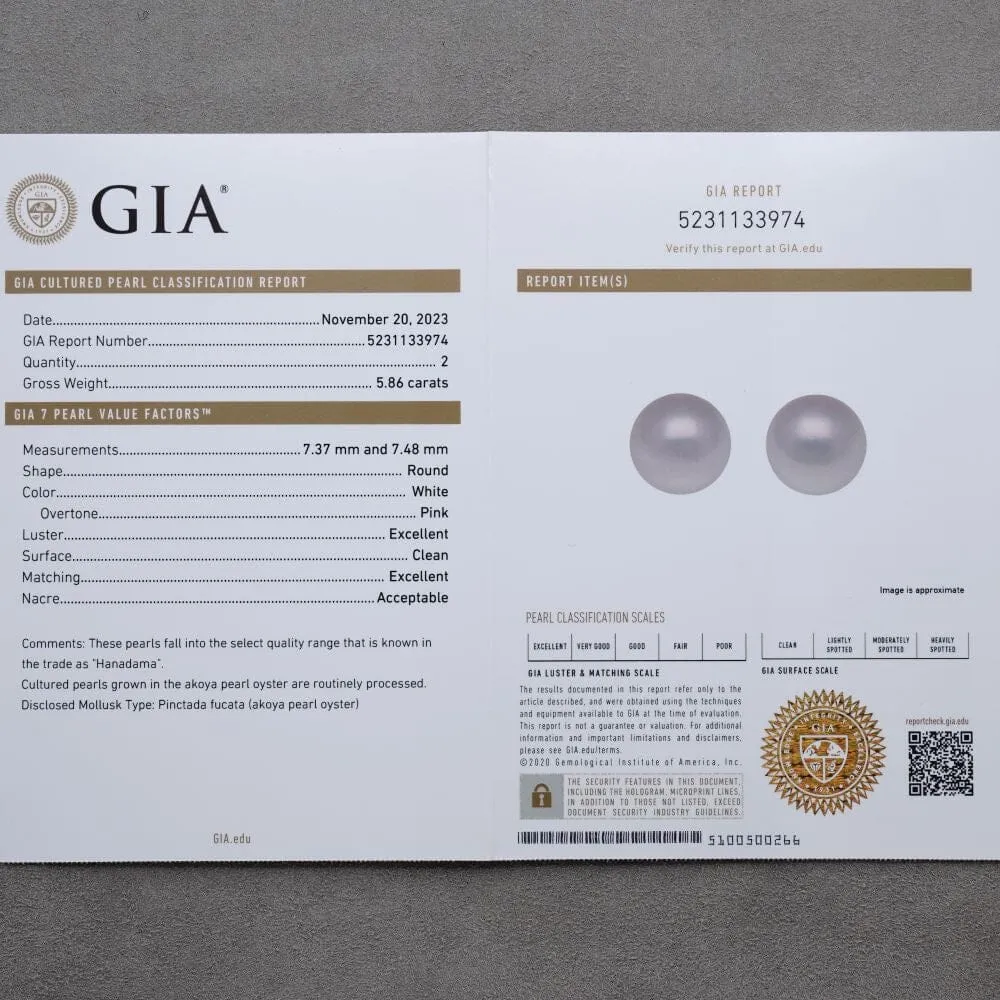 7.37 and 7.48 mm GIA Certified Hanadama Akoya Pearl Stud Earrings