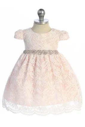 All Lace Baby Dress with V Back & Bow and Rhinestone Trim