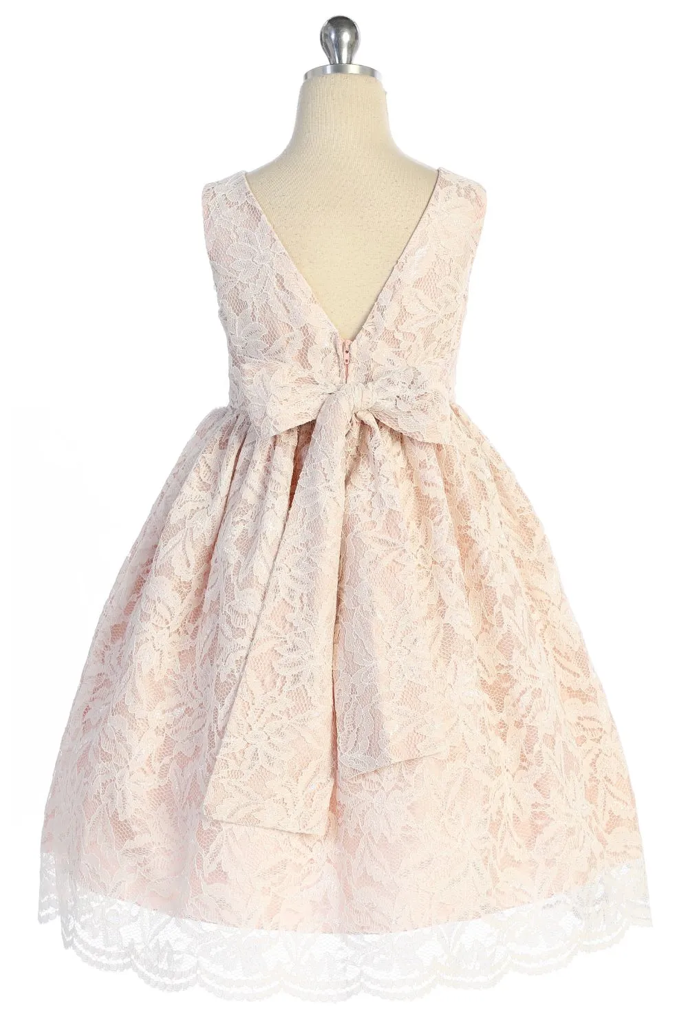 All Lace Girls Dress with V Back & Bow