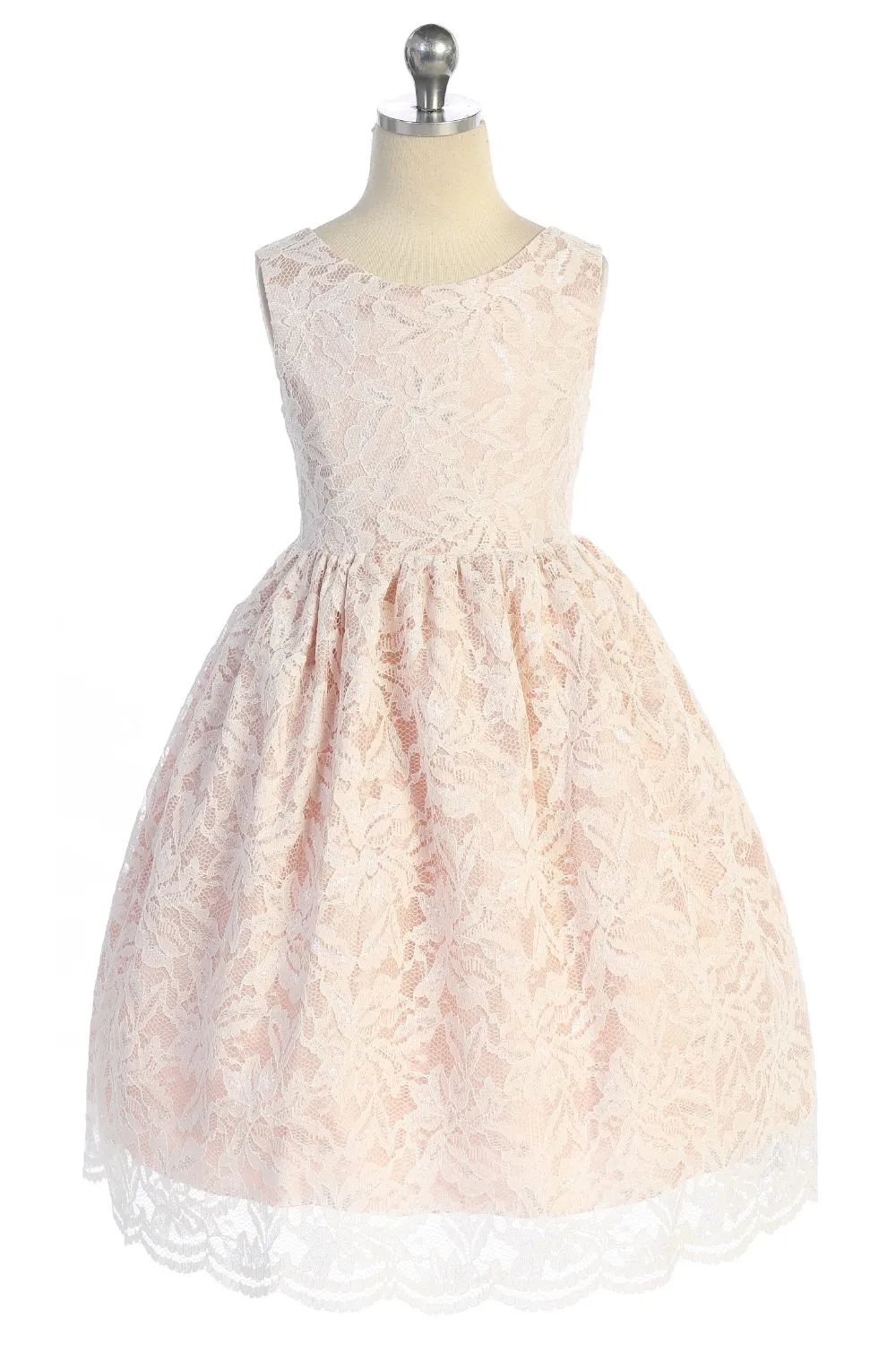 All Lace Girls Dress with V Back & Bow