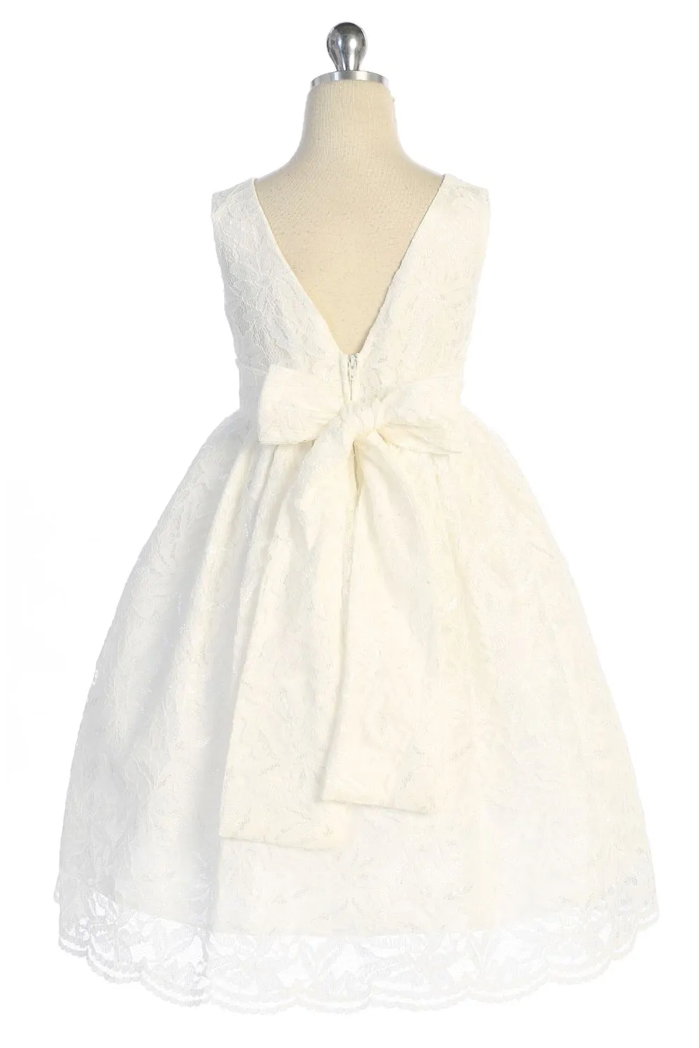 All Lace Girls Dress with V Back & Bow