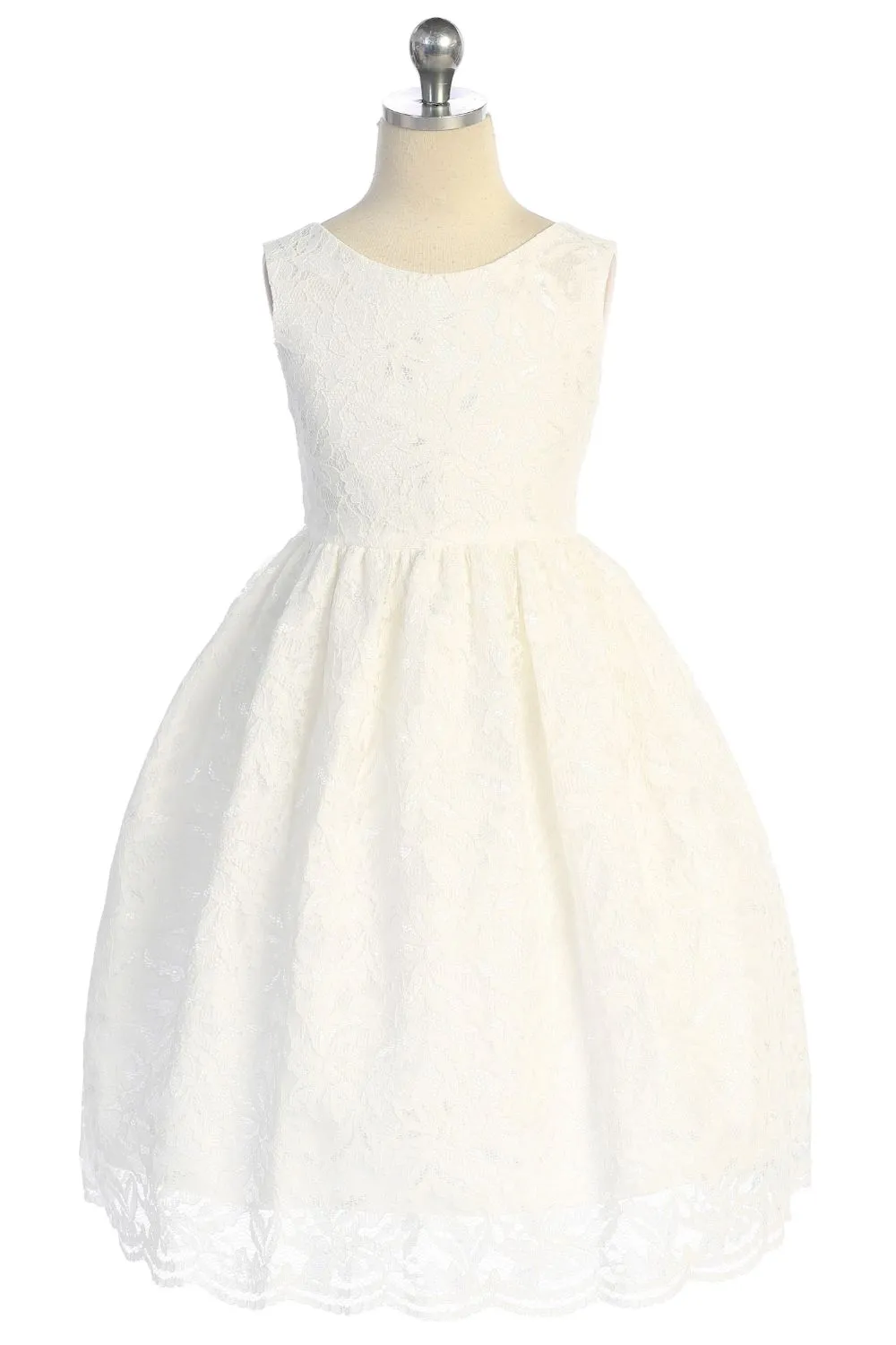 All Lace Girls Dress with V Back & Bow