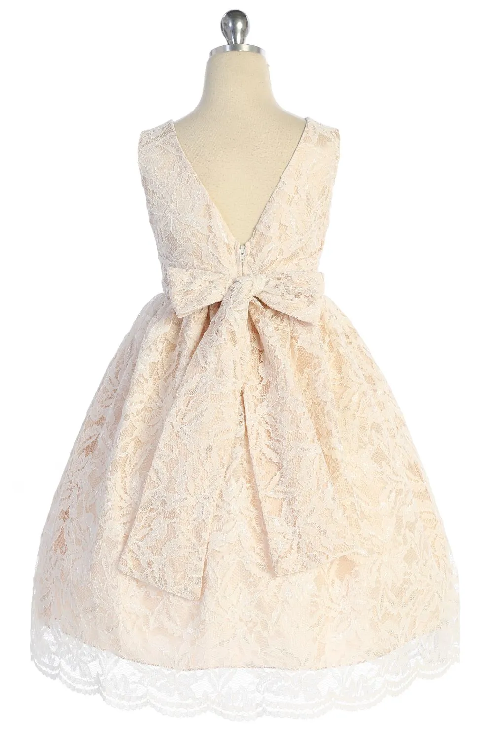 All Lace Girls Dress with V Back & Bow