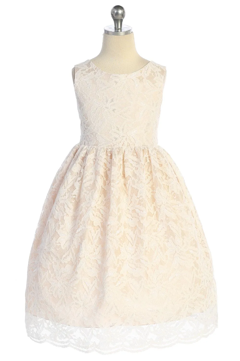 All Lace Girls Dress with V Back & Bow