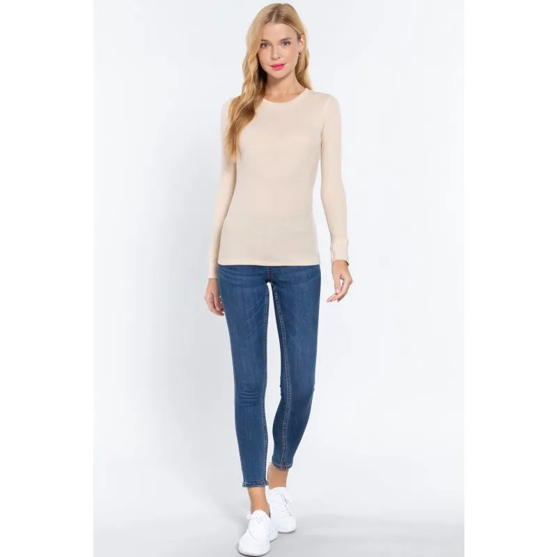 Beige Color Thermal Crew Neck Long Sleeve Knitted Women's Top