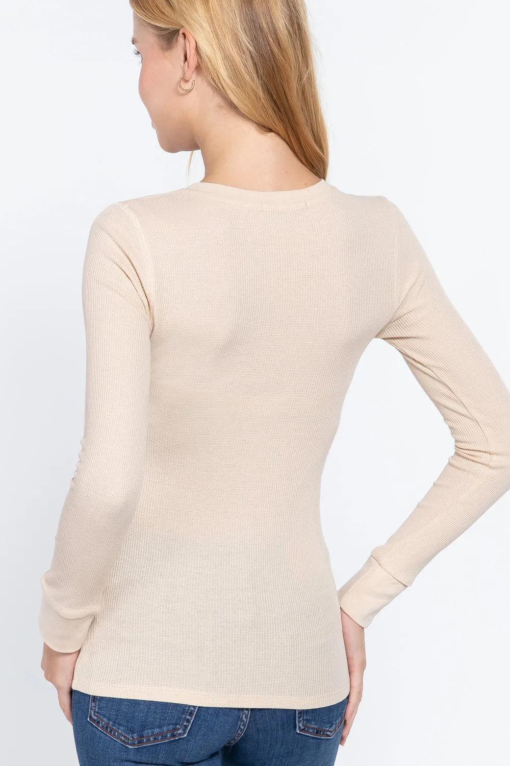 Beige Color Thermal Crew Neck Long Sleeve Knitted Women's Top