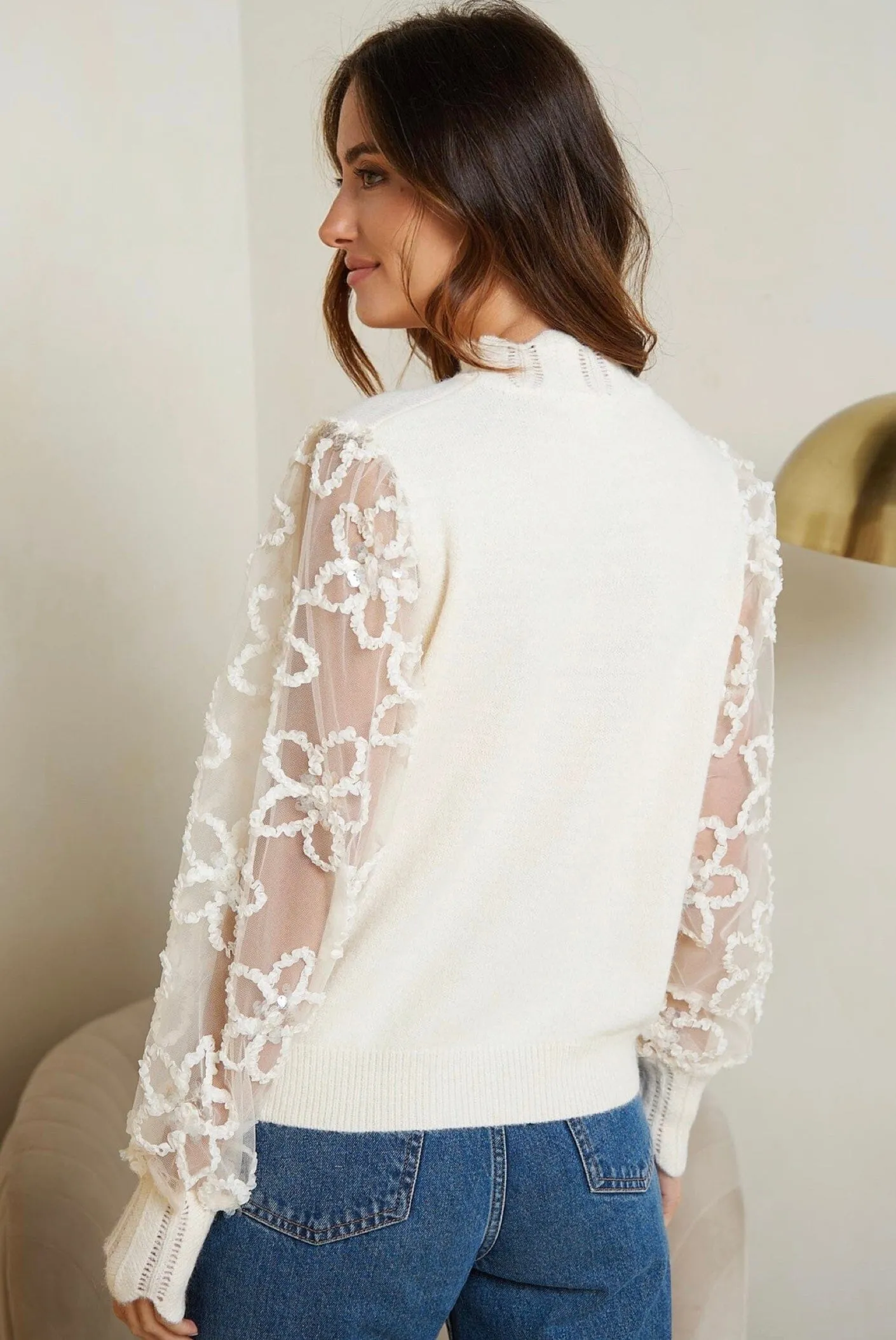 BIBI FLORAL SLEEVE SWEATER - CREAM