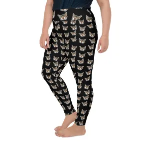 Black Cat Print Plus Size Leggings, Cute Cute Long Yoga Pants For Curvy Ladies- Made in USA/EU