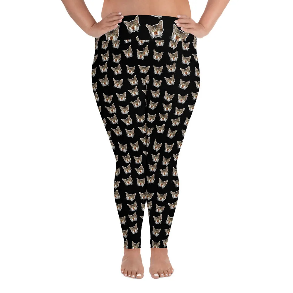 Black Cat Print Plus Size Leggings, Cute Cute Long Yoga Pants For Curvy Ladies- Made in USA/EU