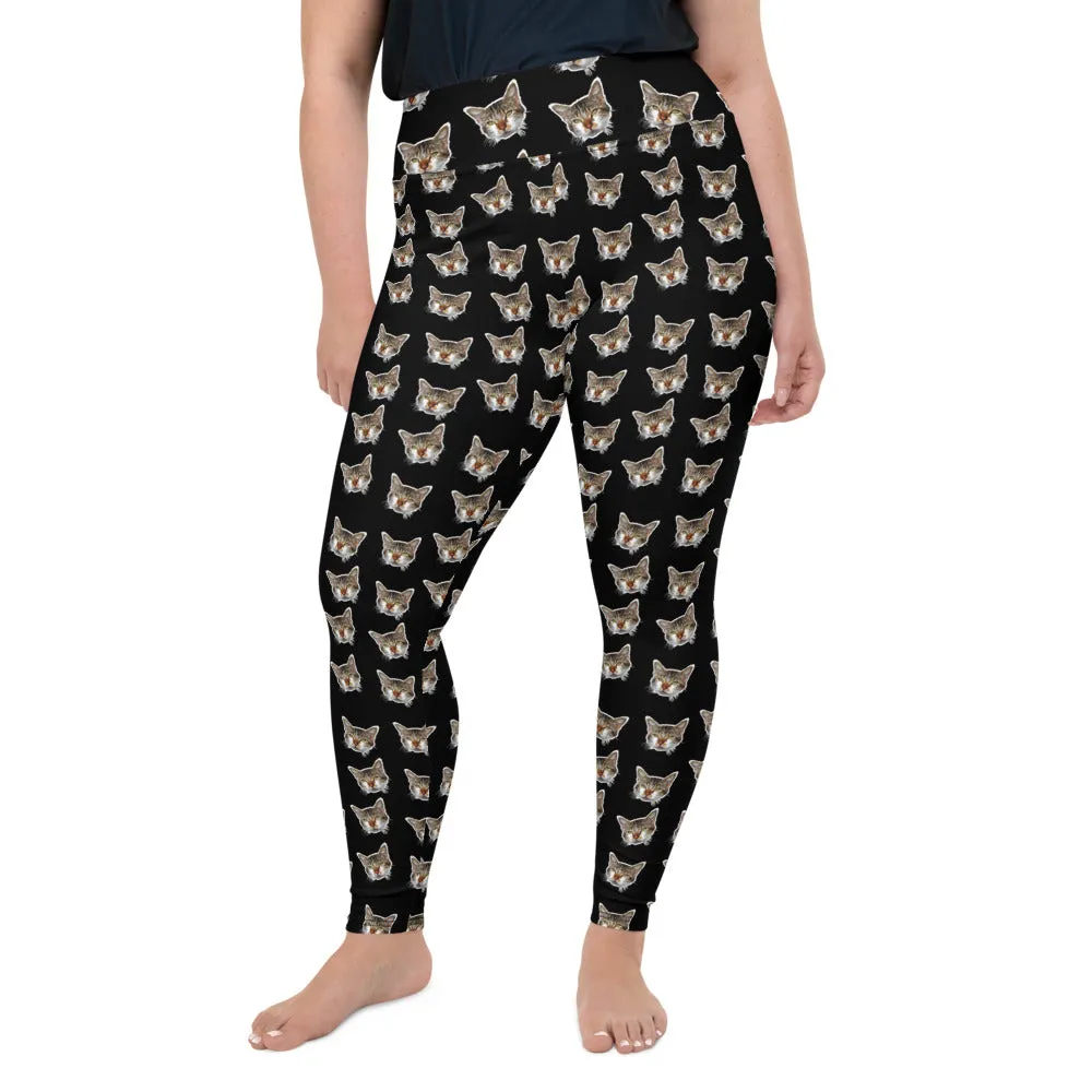 Black Cat Print Plus Size Leggings, Cute Cute Long Yoga Pants For Curvy Ladies- Made in USA/EU