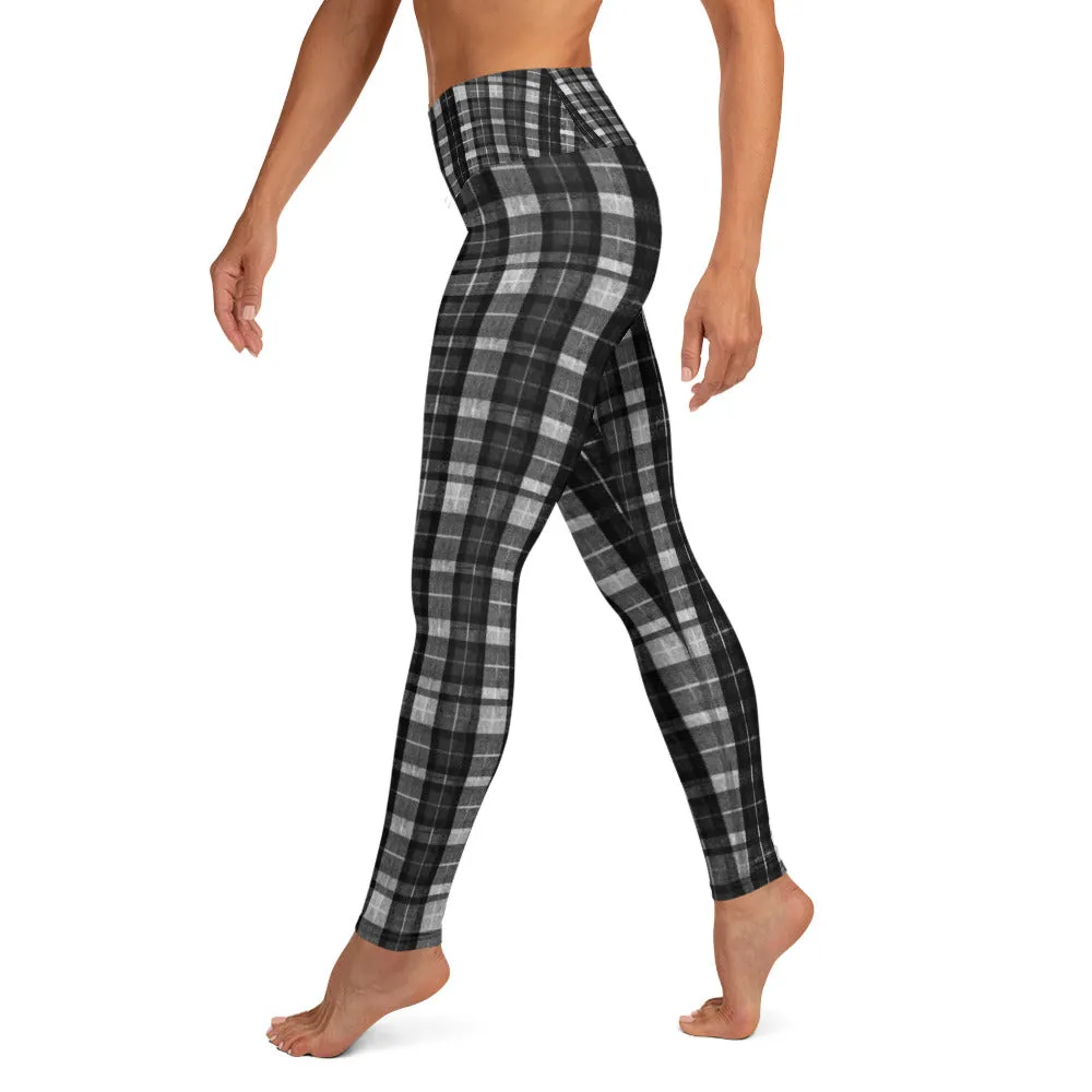 Black Plaid Women's Yoga Pants, Workout Fitted Sports Yoga Leggings With Inside Pockets