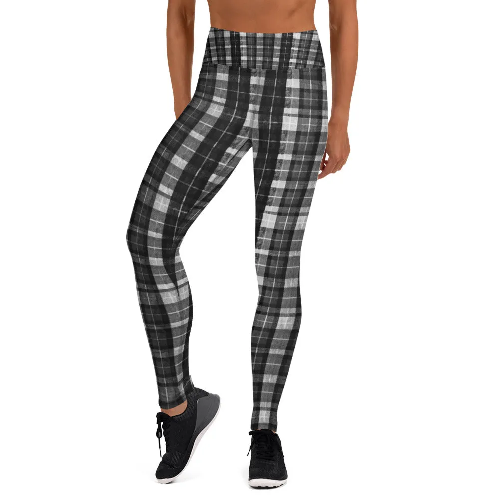 Black Plaid Women's Yoga Pants, Workout Fitted Sports Yoga Leggings With Inside Pockets