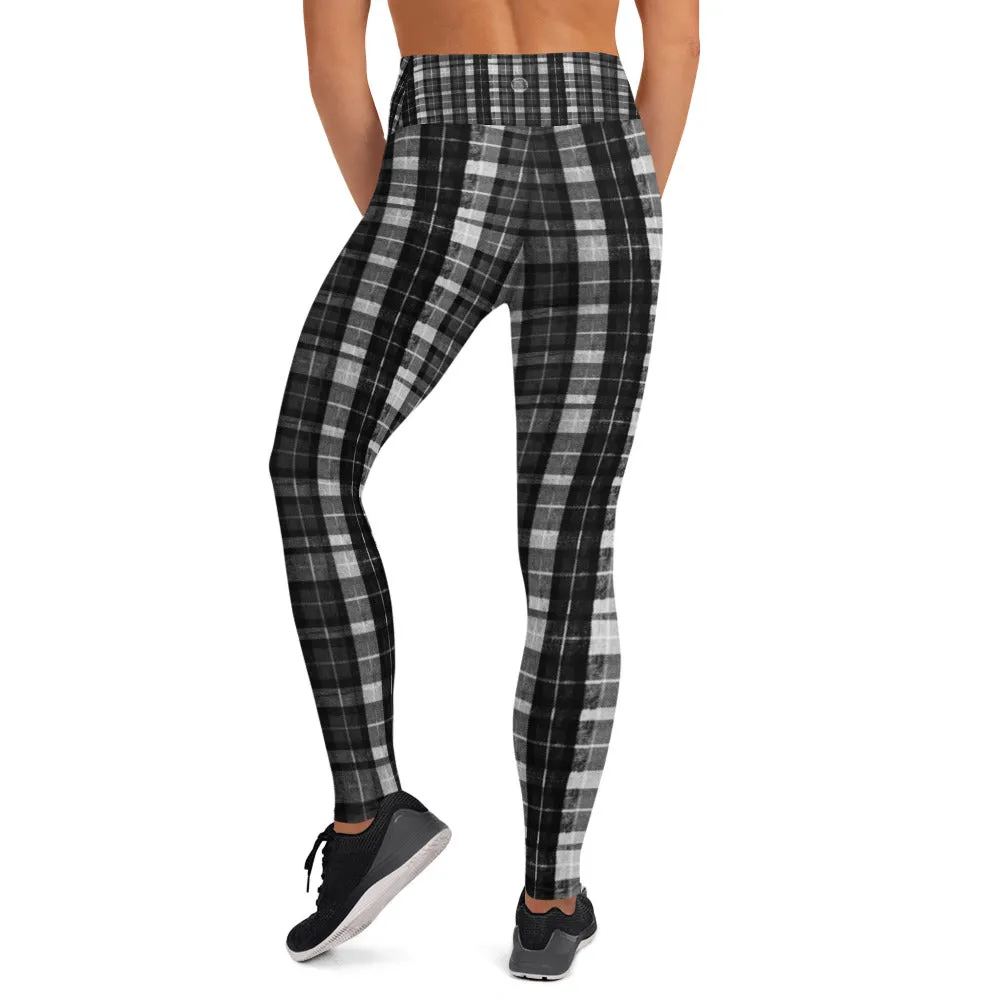 Black Plaid Women's Yoga Pants, Workout Fitted Sports Yoga Leggings With Inside Pockets