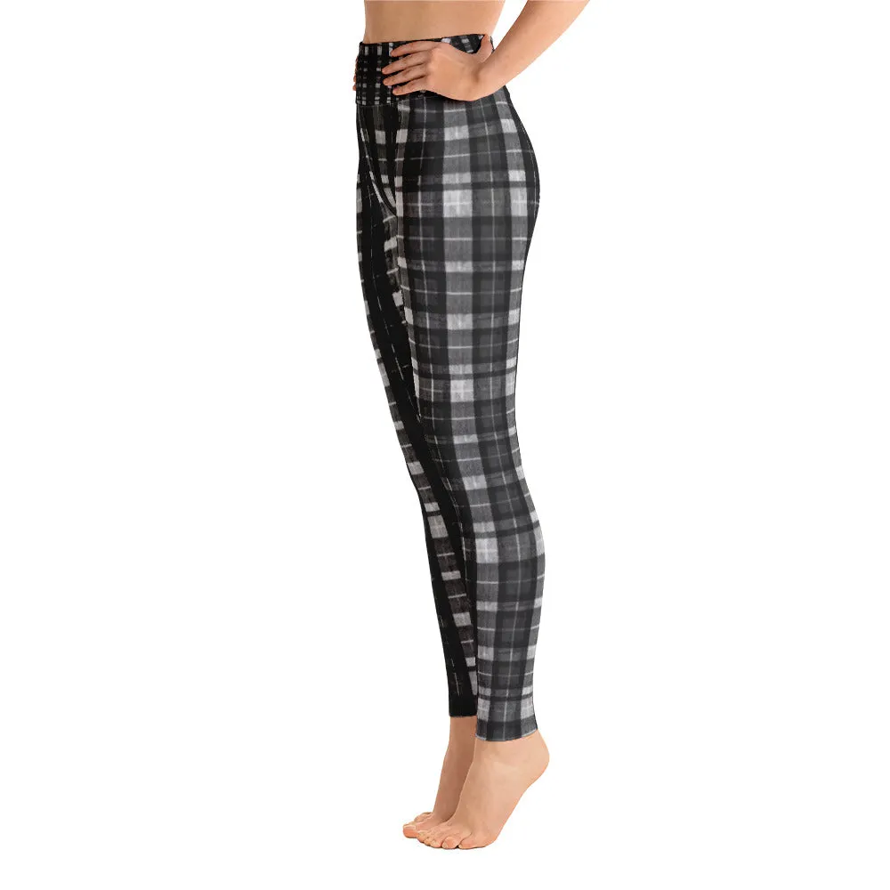 Black Plaid Women's Yoga Pants, Workout Fitted Sports Yoga Leggings With Inside Pockets