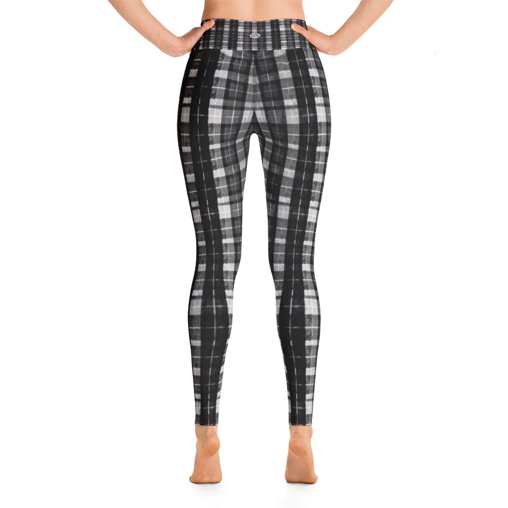 Black Plaid Women's Yoga Pants, Workout Fitted Sports Yoga Leggings With Inside Pockets