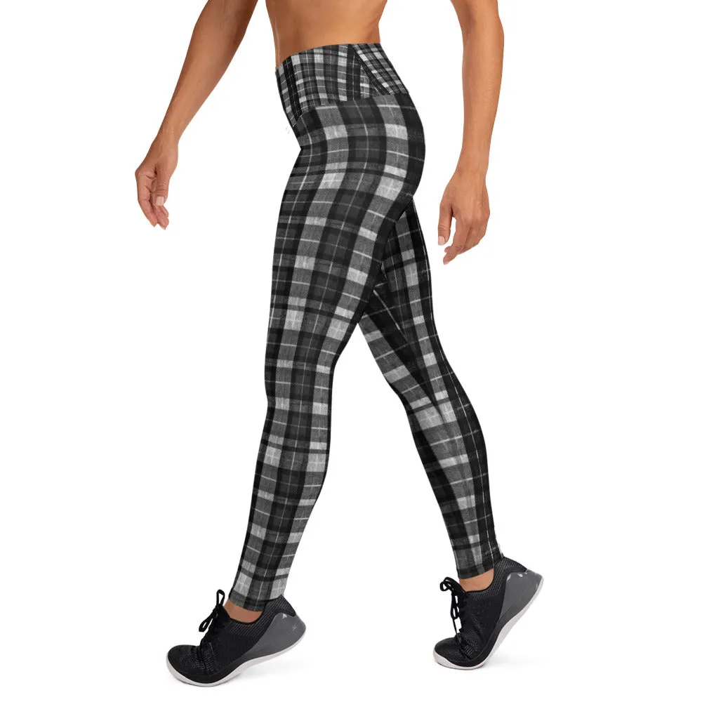 Black Plaid Women's Yoga Pants, Workout Fitted Sports Yoga Leggings With Inside Pockets