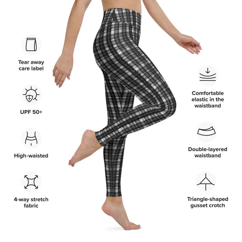 Black White Plaid Yoga Leggings, Scottish Plaid Print Women's Compression Long Tights-Made in USA/EU