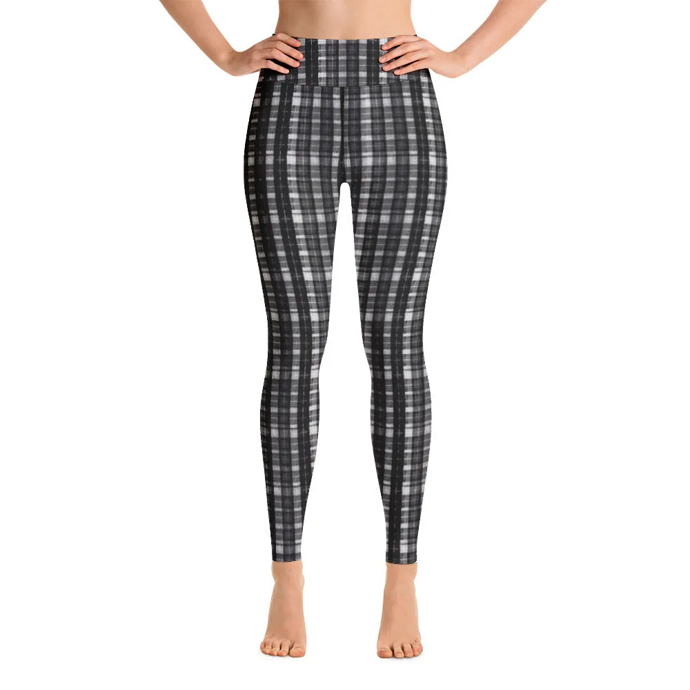 Black White Plaid Yoga Leggings, Scottish Plaid Print Women's Compression Long Tights-Made in USA/EU