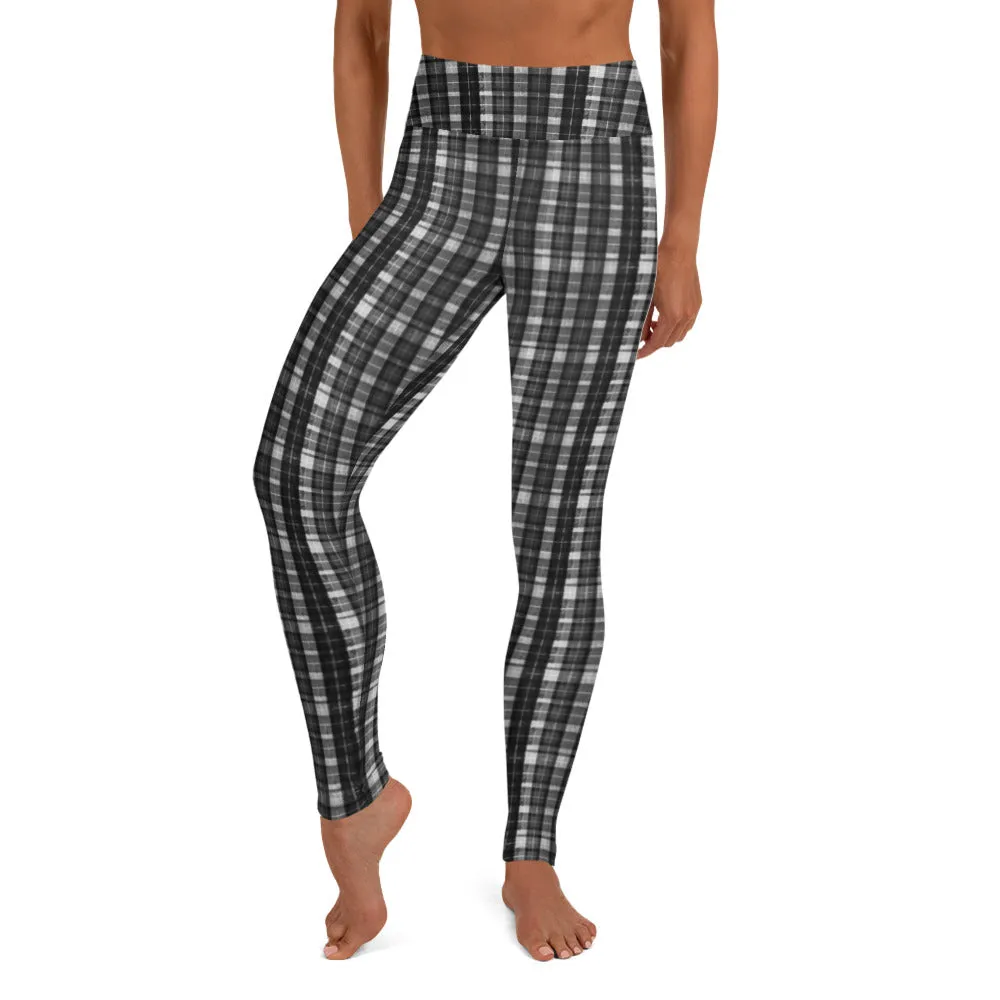 Black White Plaid Yoga Leggings, Scottish Plaid Print Women's Compression Long Tights-Made in USA/EU