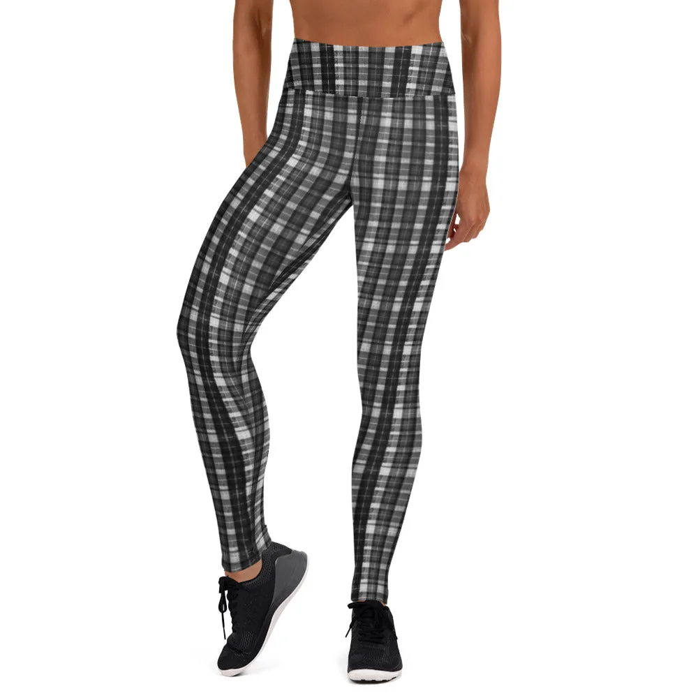 Black White Plaid Yoga Leggings, Scottish Plaid Print Women's Compression Long Tights-Made in USA/EU