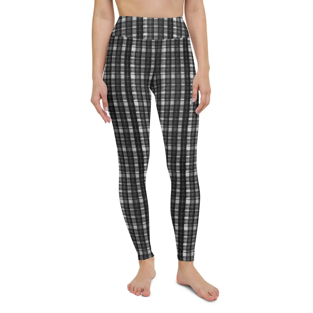 Black White Plaid Yoga Leggings, Scottish Plaid Print Women's Compression Long Tights-Made in USA/EU