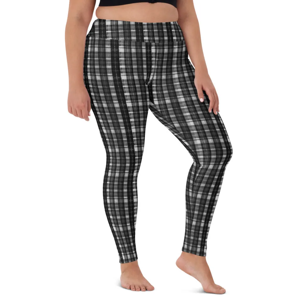 Black White Plaid Yoga Leggings, Scottish Plaid Print Women's Compression Long Tights-Made in USA/EU