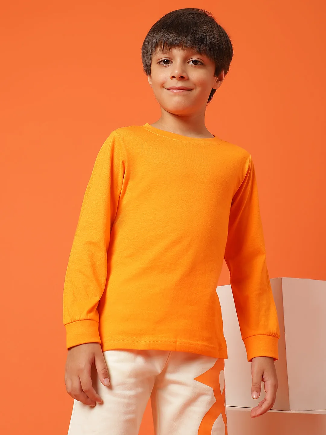 Boys Orange Cotton Regular Full Sleeve Solid T-shirt