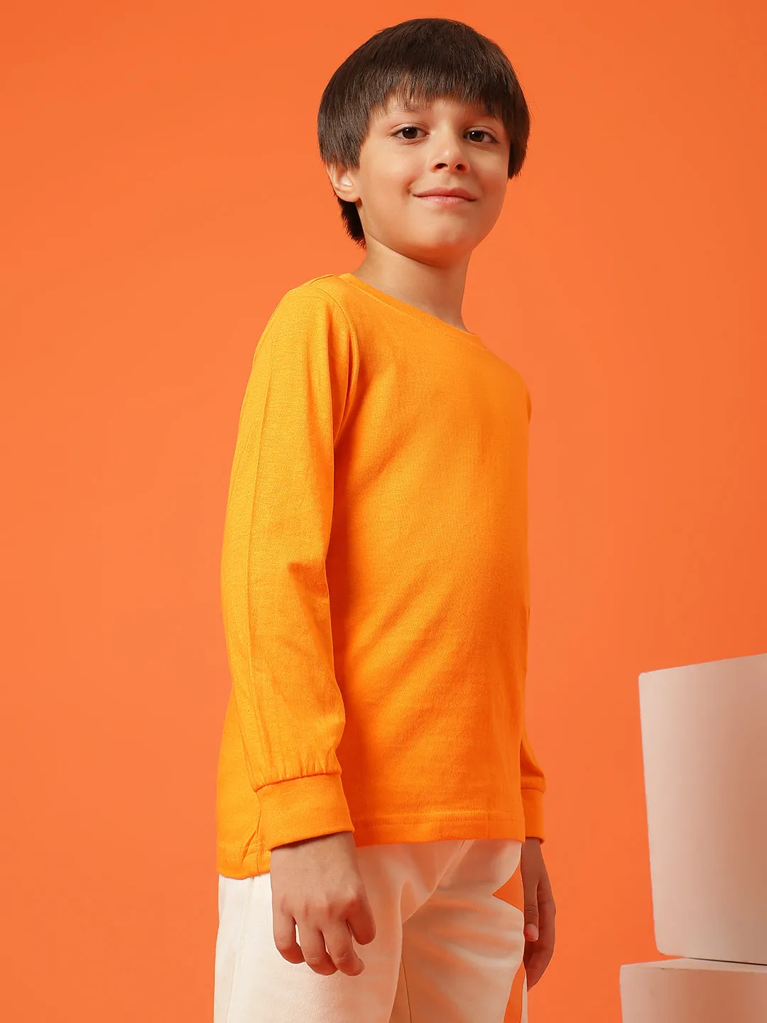 Boys Orange Cotton Regular Full Sleeve Solid T-shirt