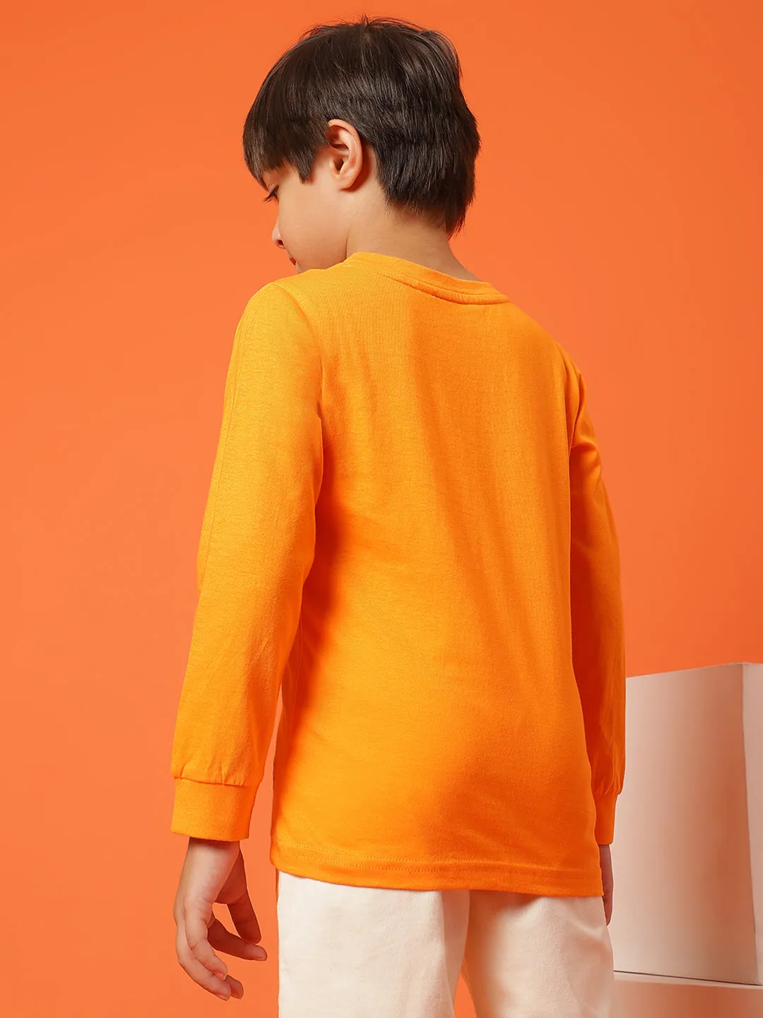 Boys Orange Cotton Regular Full Sleeve Solid T-shirt