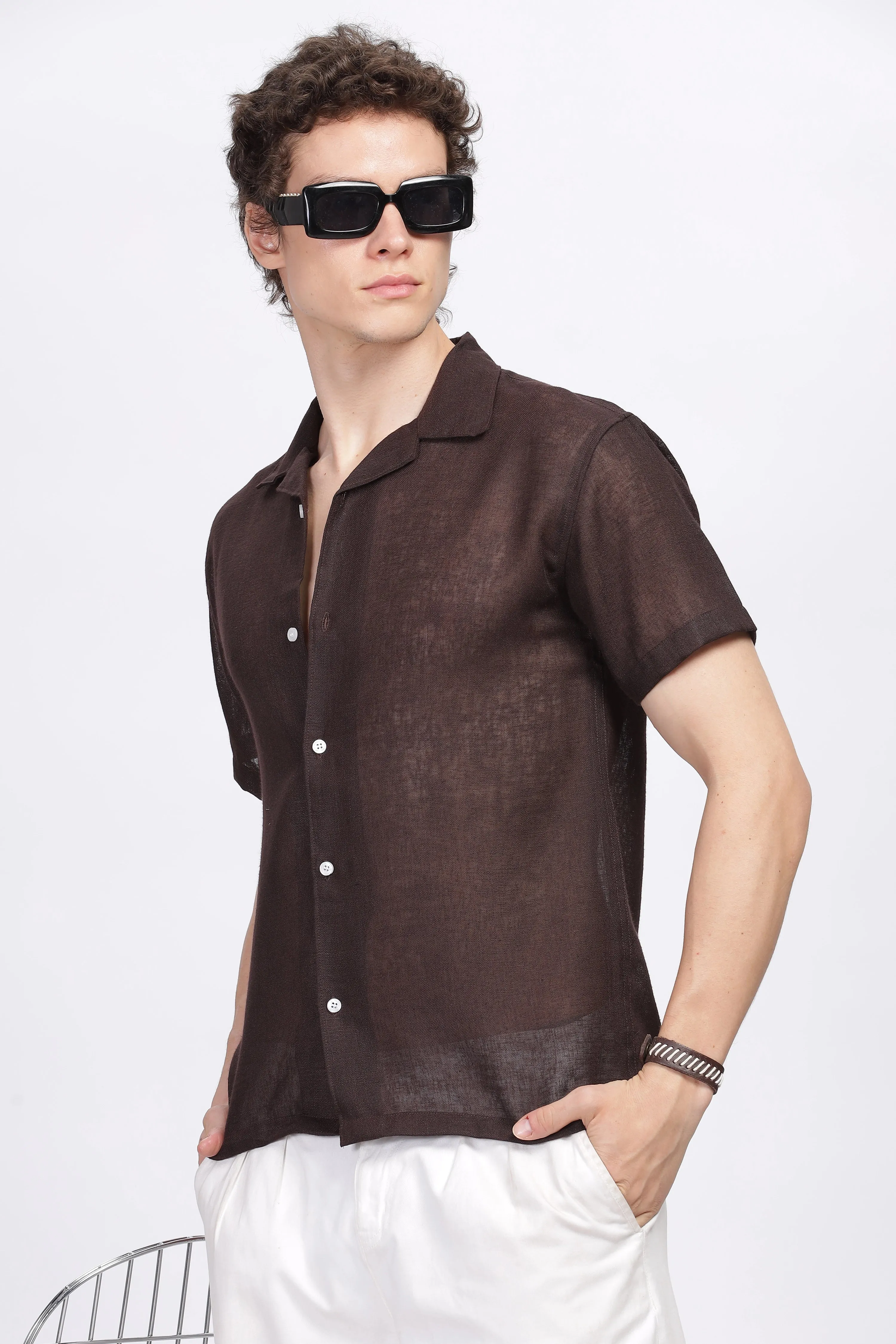 Brown half sleeve linen shirt for men