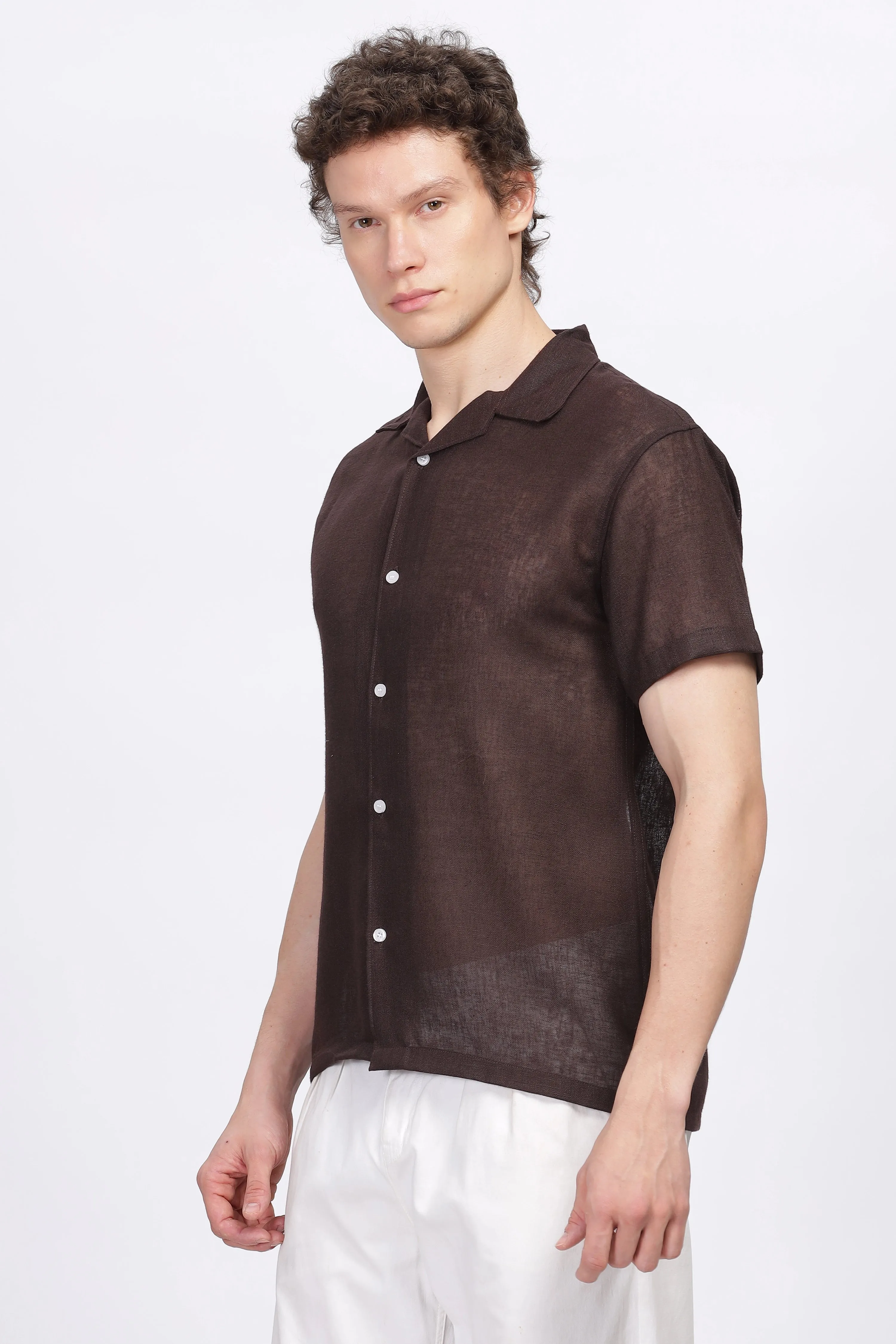 Brown half sleeve linen shirt for men