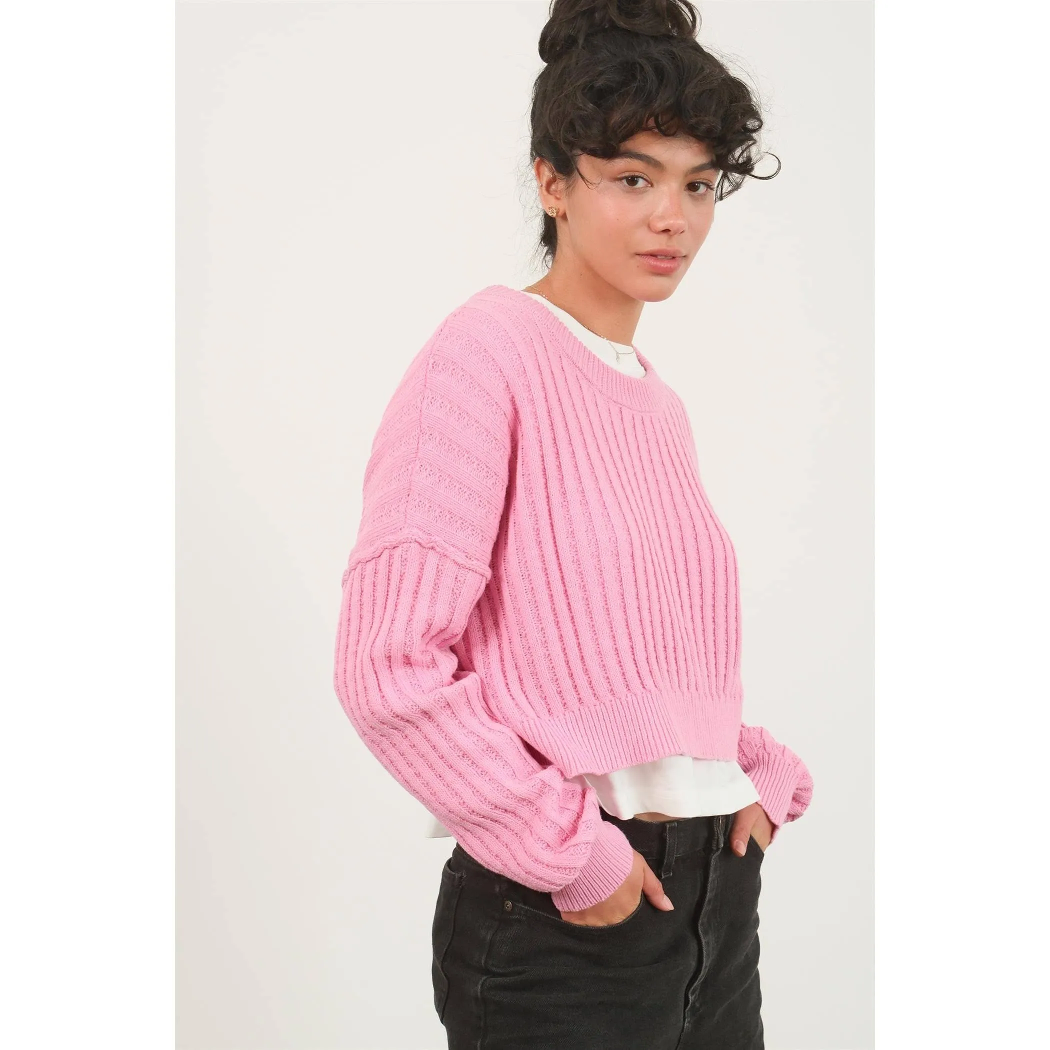 CROPPED RIBBED LONG SLEEVE KNIT SWEATER