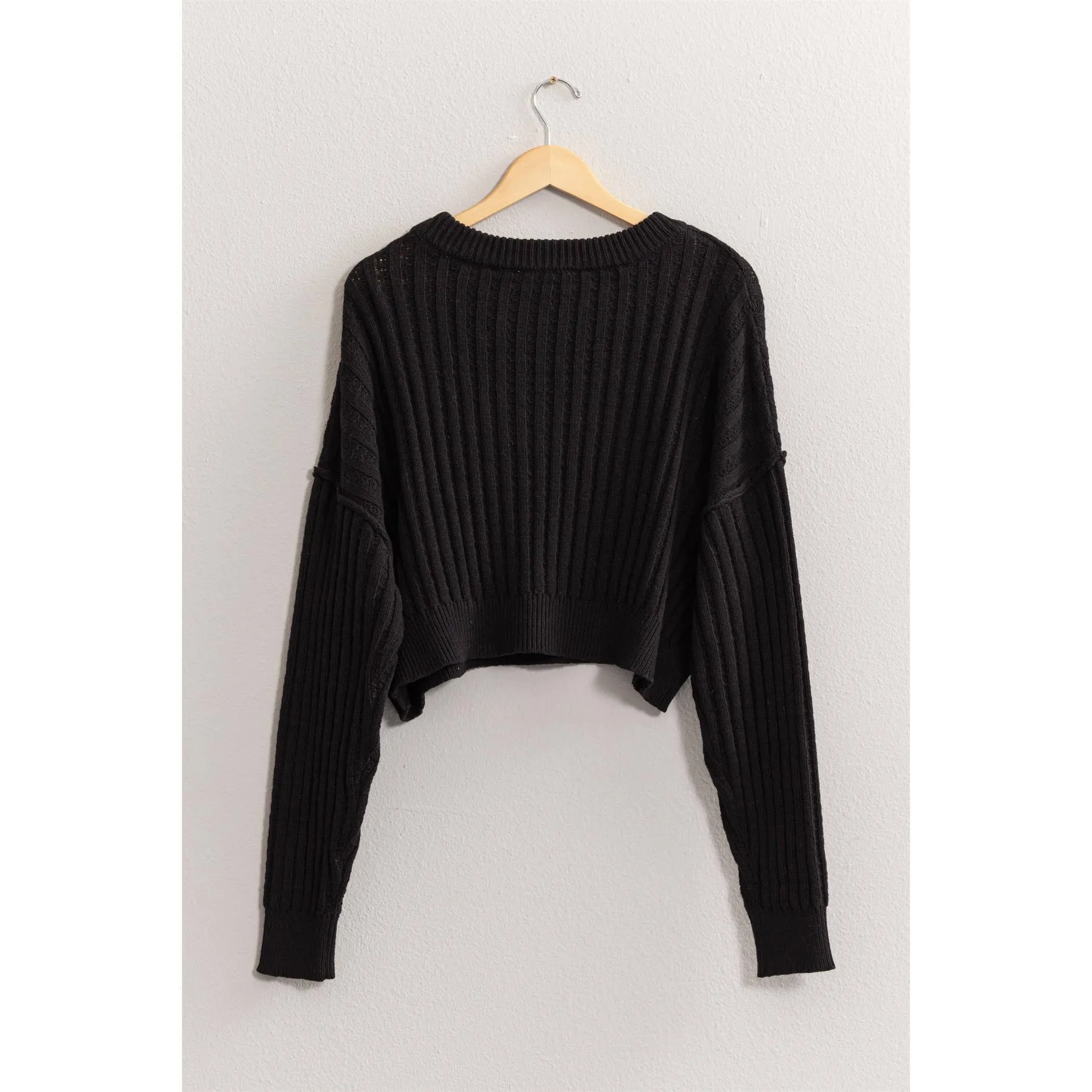 CROPPED RIBBED LONG SLEEVE KNIT SWEATER