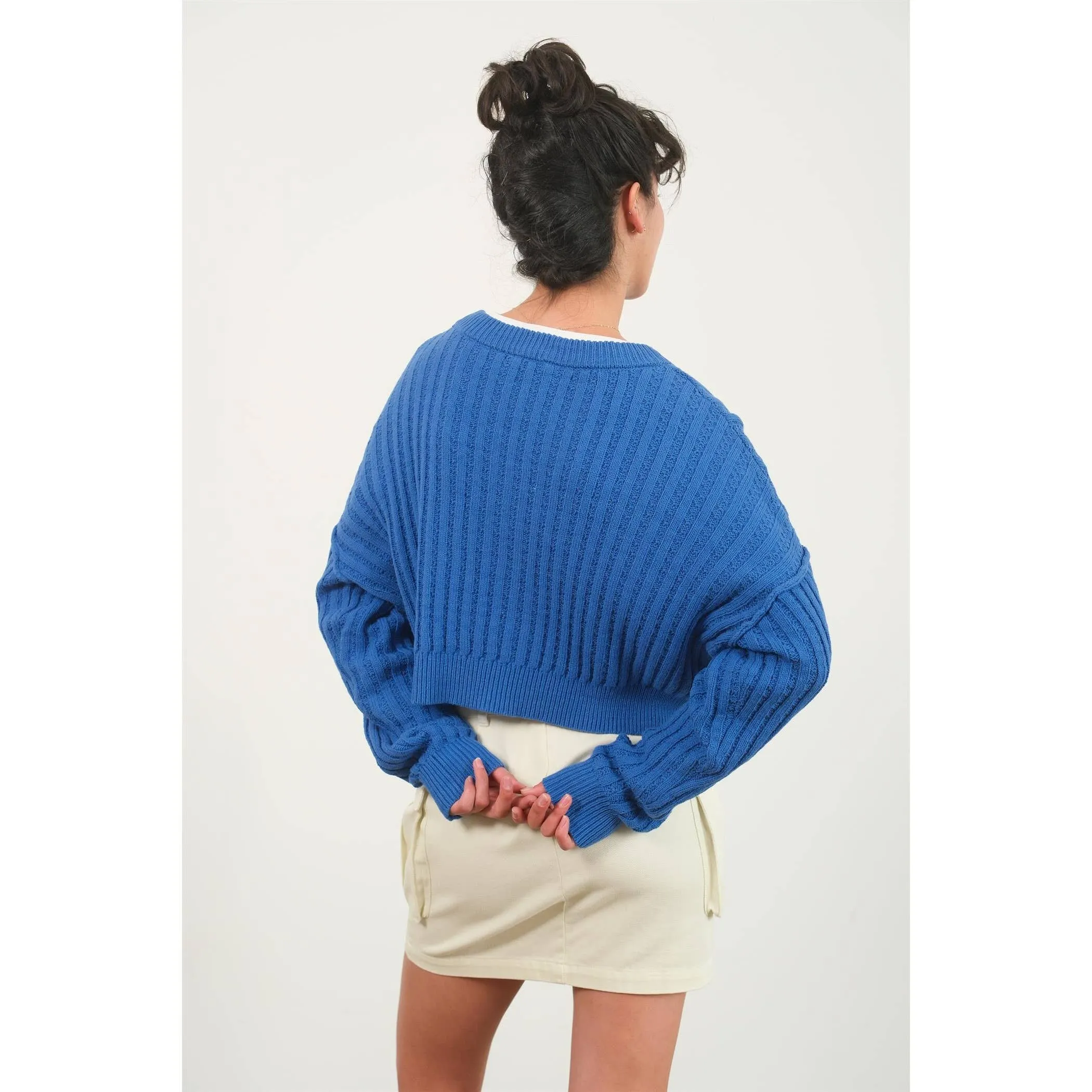 CROPPED RIBBED LONG SLEEVE KNIT SWEATER