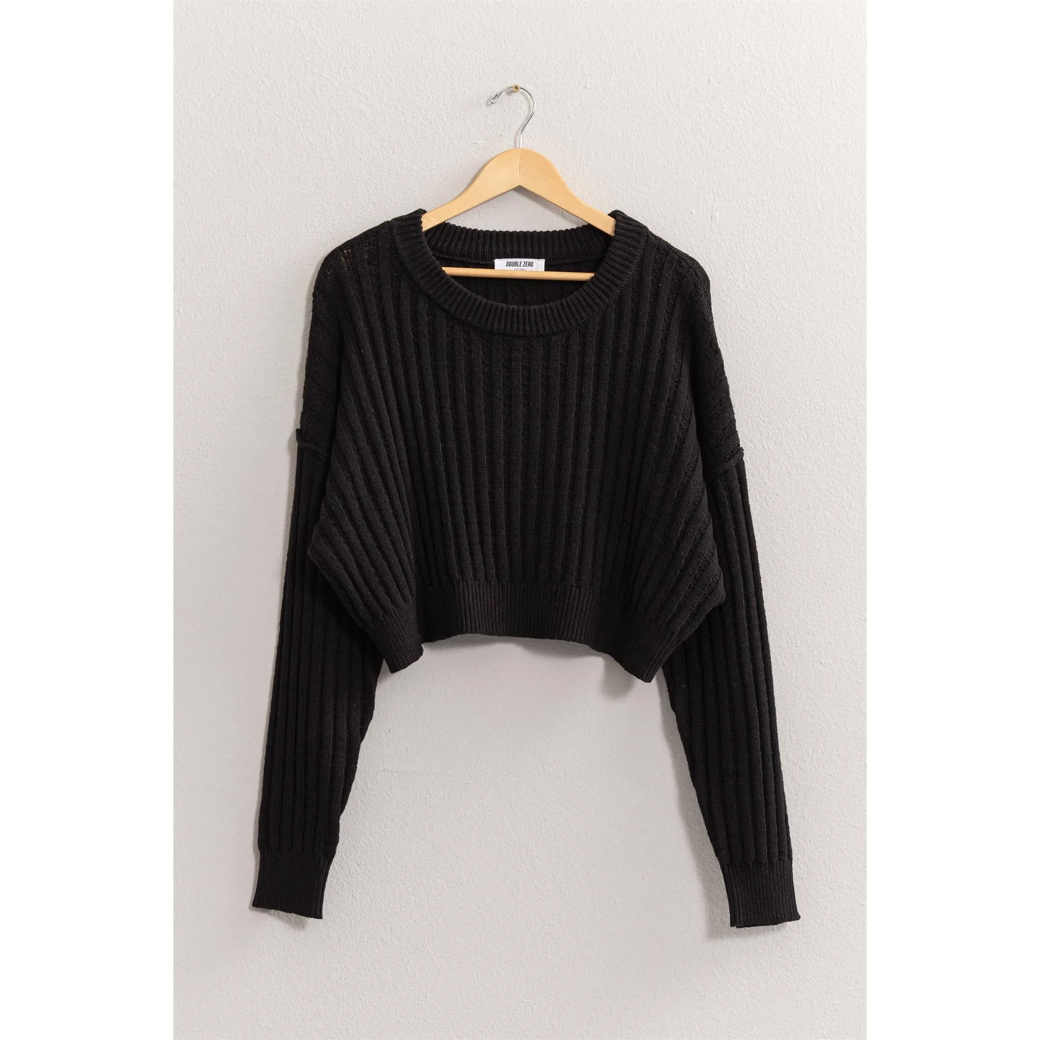 CROPPED RIBBED LONG SLEEVE KNIT SWEATER