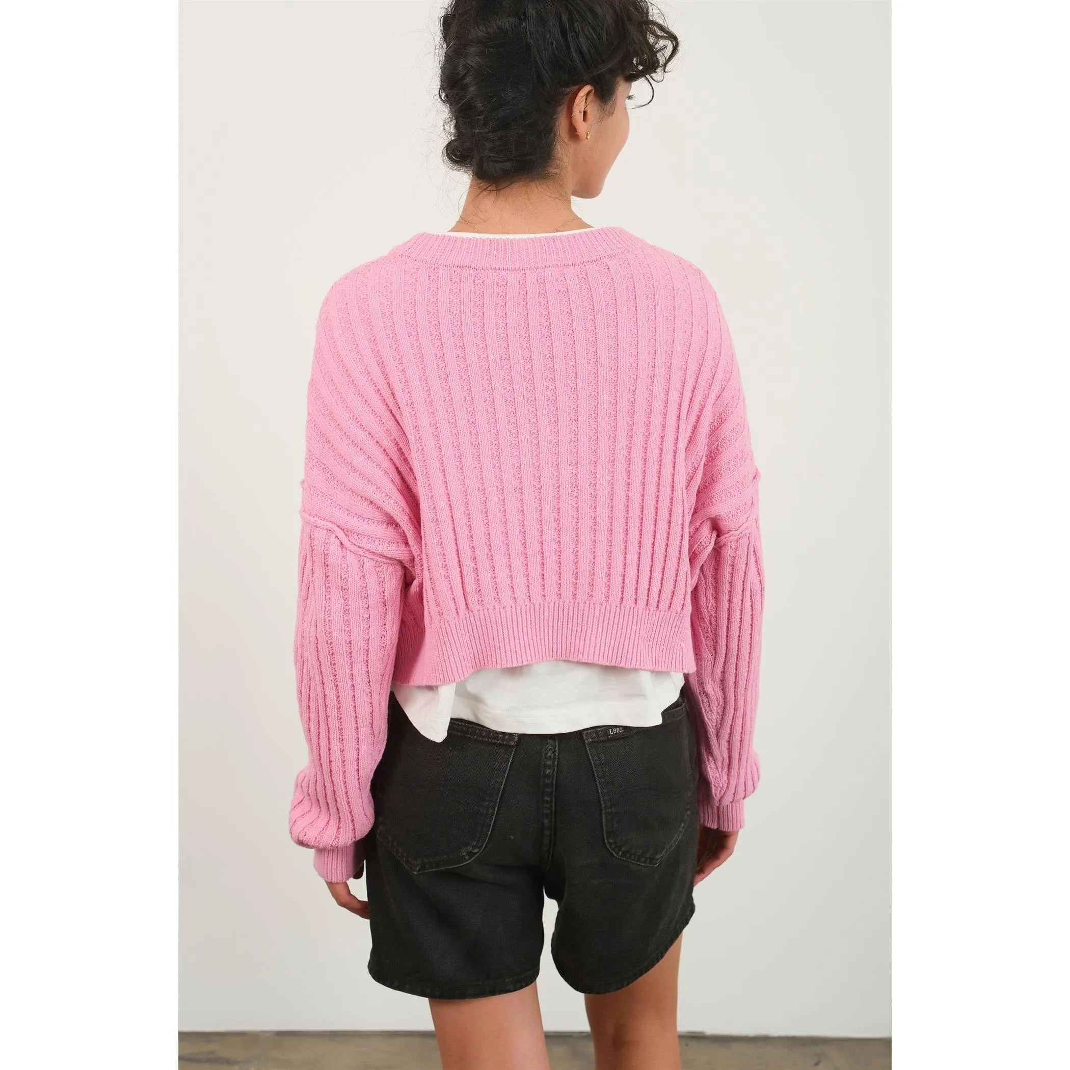 CROPPED RIBBED LONG SLEEVE KNIT SWEATER