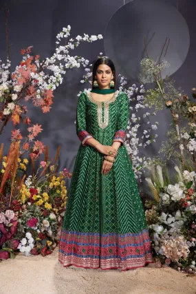 Dark Green Bandhani Anarakali & Dupatta