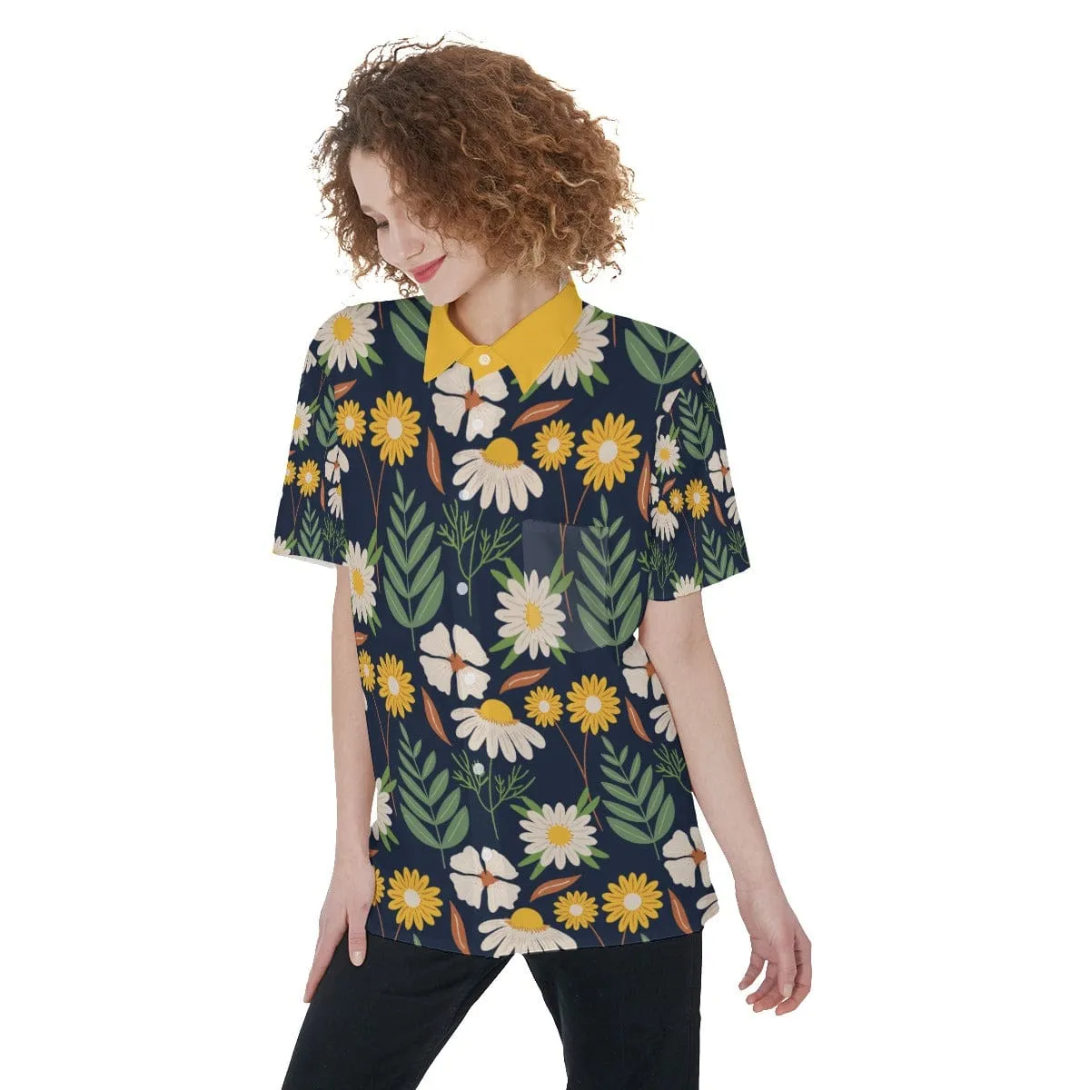 Ecru Black Daisy - Women's Short Sleeve Shirt With Pocket