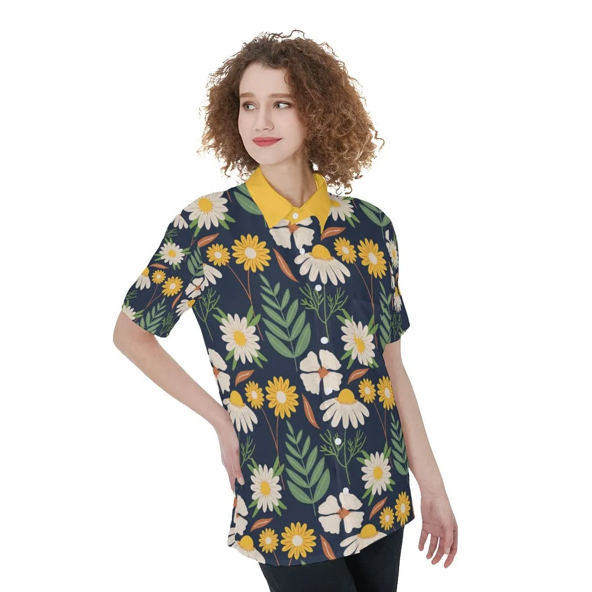 Ecru Black Daisy - Women's Short Sleeve Shirt With Pocket