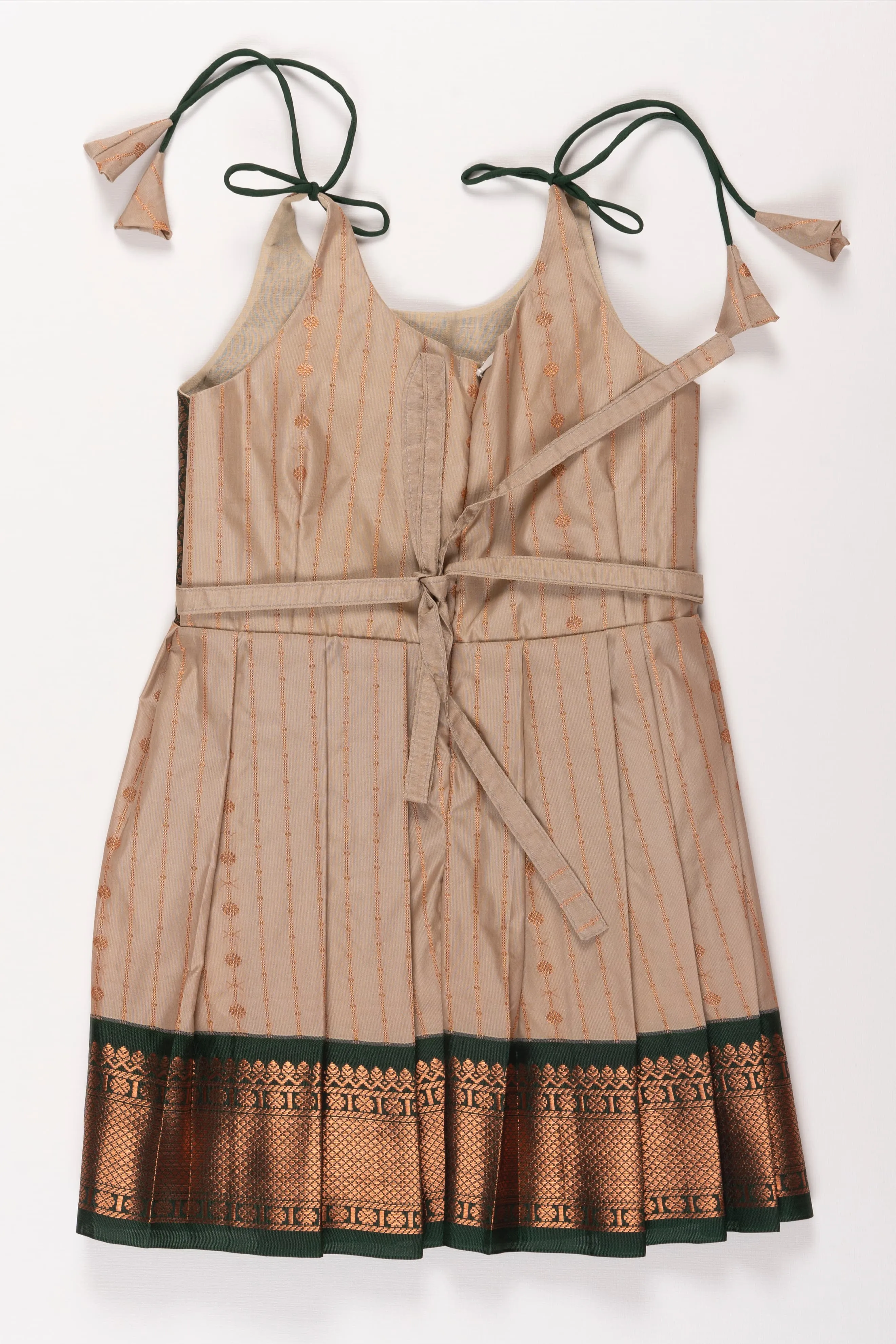 Elegant Beige and Green Silk Tie-up Frock for Girls