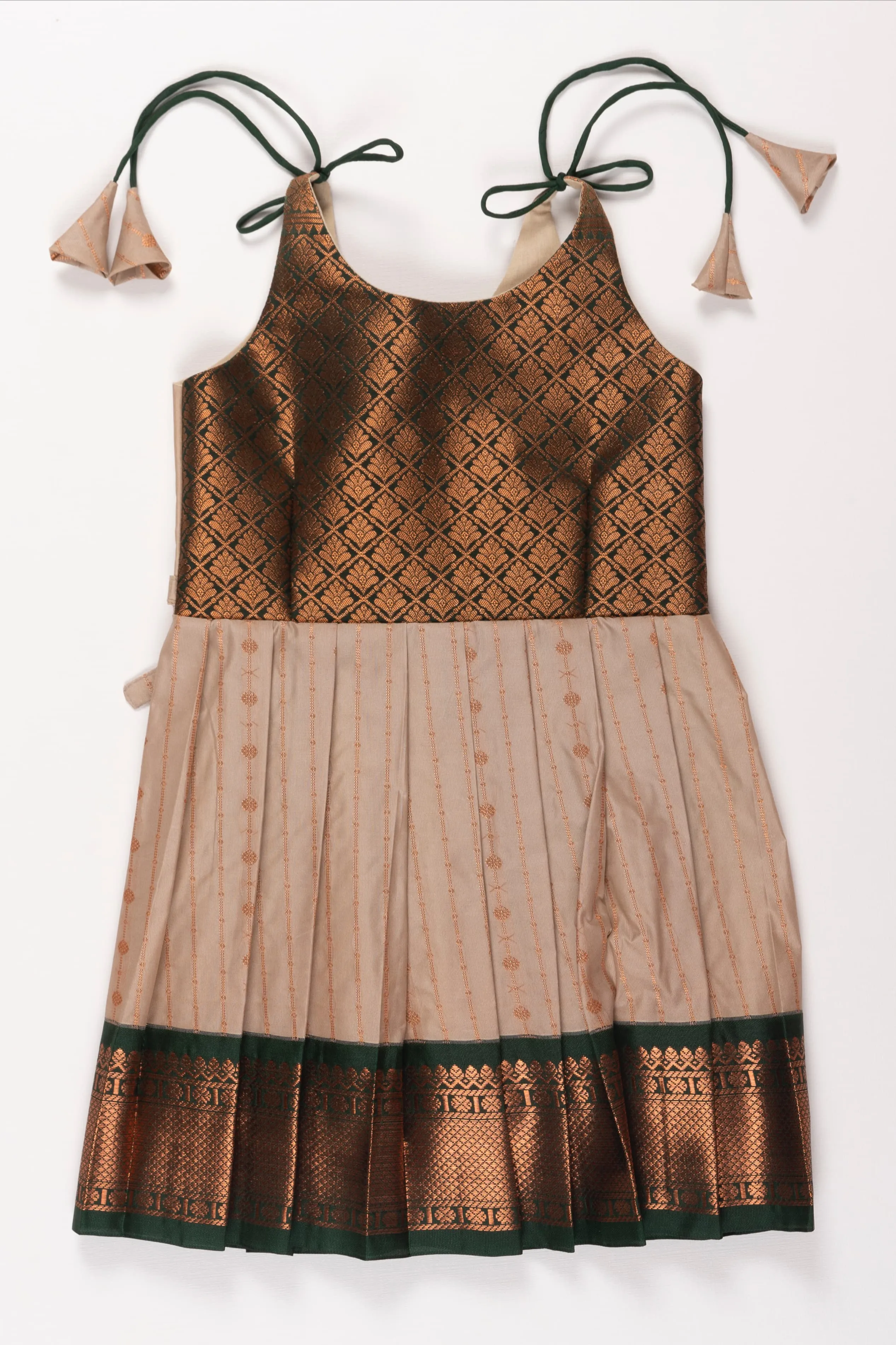 Elegant Beige and Green Silk Tie-up Frock for Girls