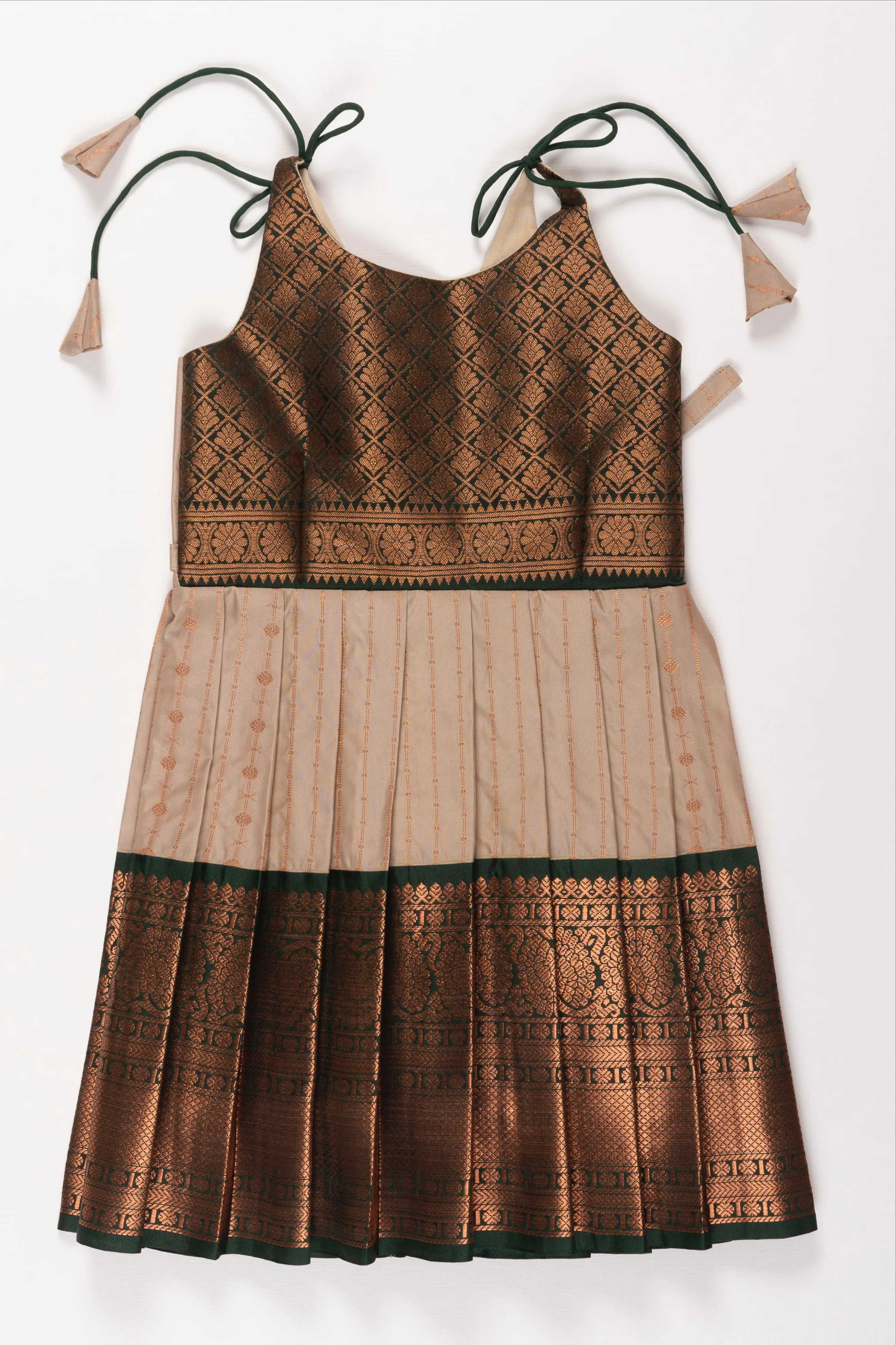 Elegant Beige and Green Silk Tie-up Frock for Girls