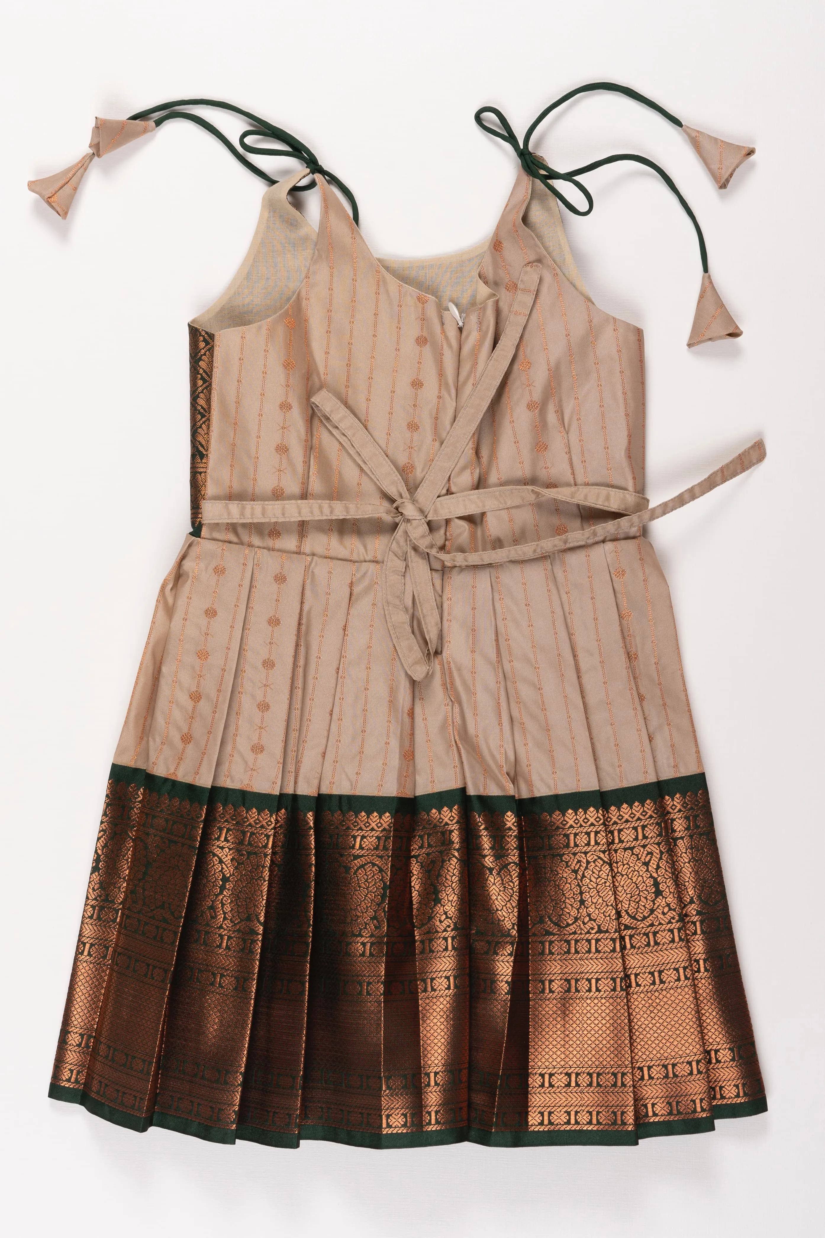 Elegant Beige and Green Silk Tie-up Frock for Girls