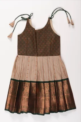 Elegant Beige and Green Silk Tie-up Frock for Girls