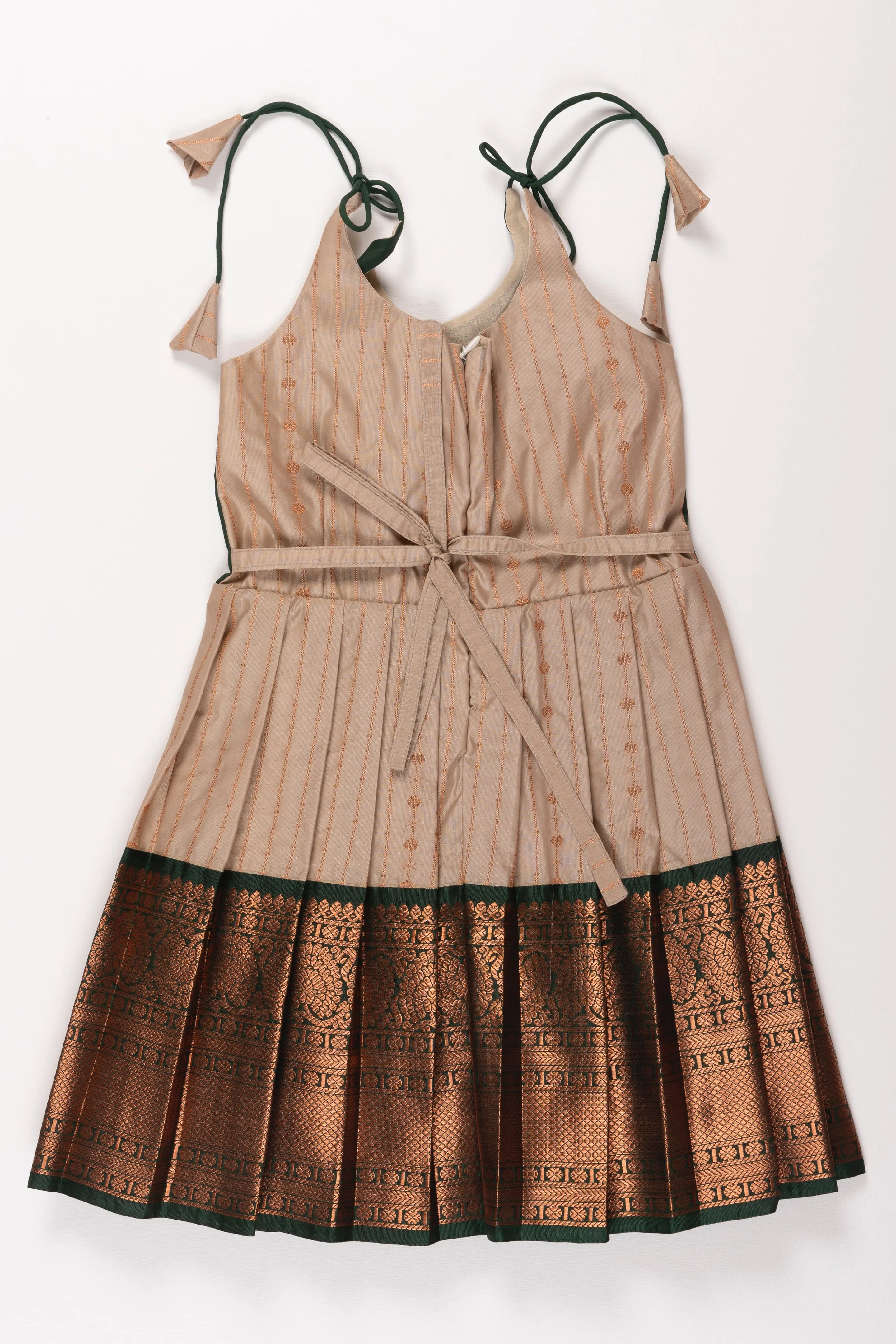 Elegant Beige and Green Silk Tie-up Frock for Girls